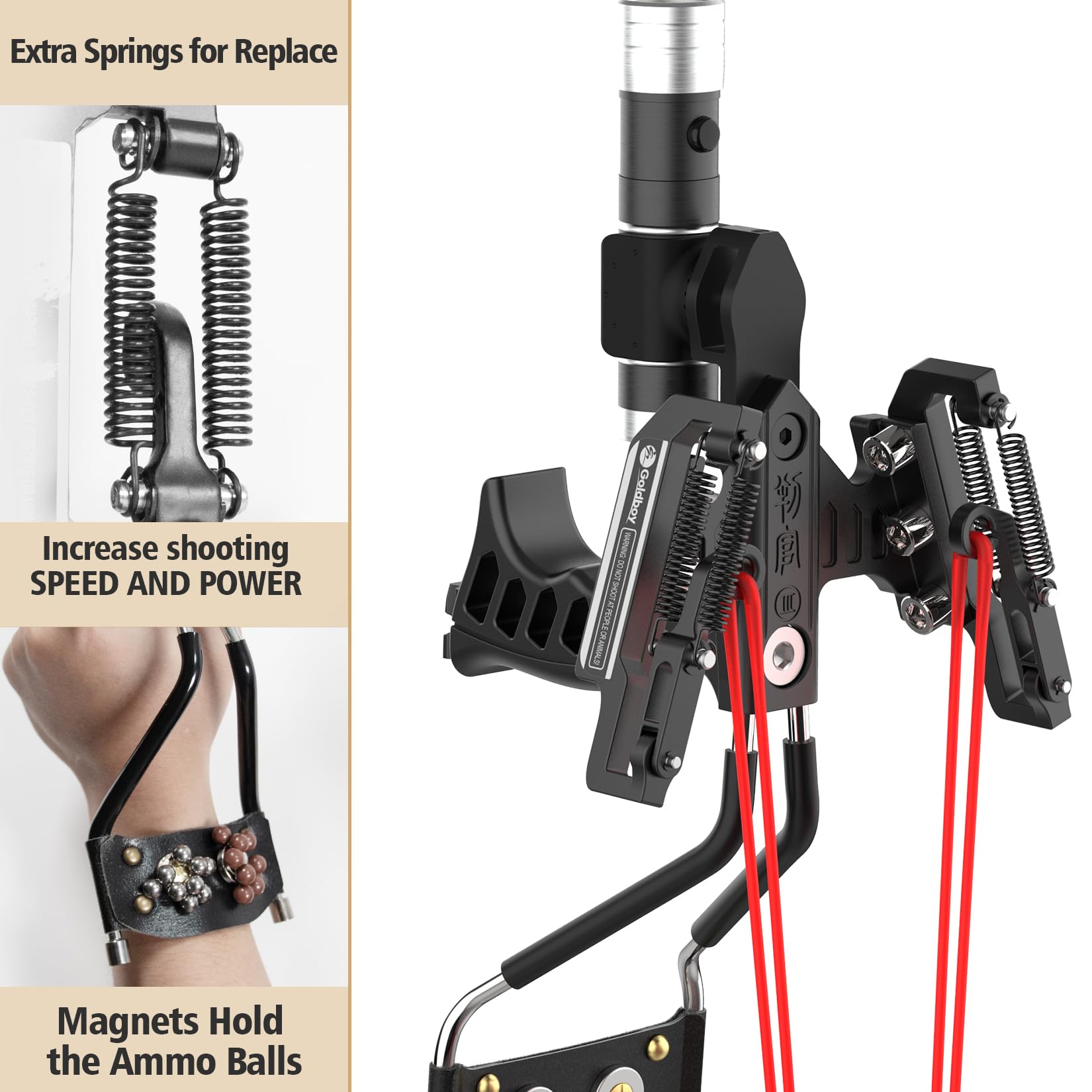 Goldboy Slingshot with Red Beam Sight, Wrist Rocket with Flashlight, Hunting Slingshot 4 Rubber Bands 220 Ammo Adults Black