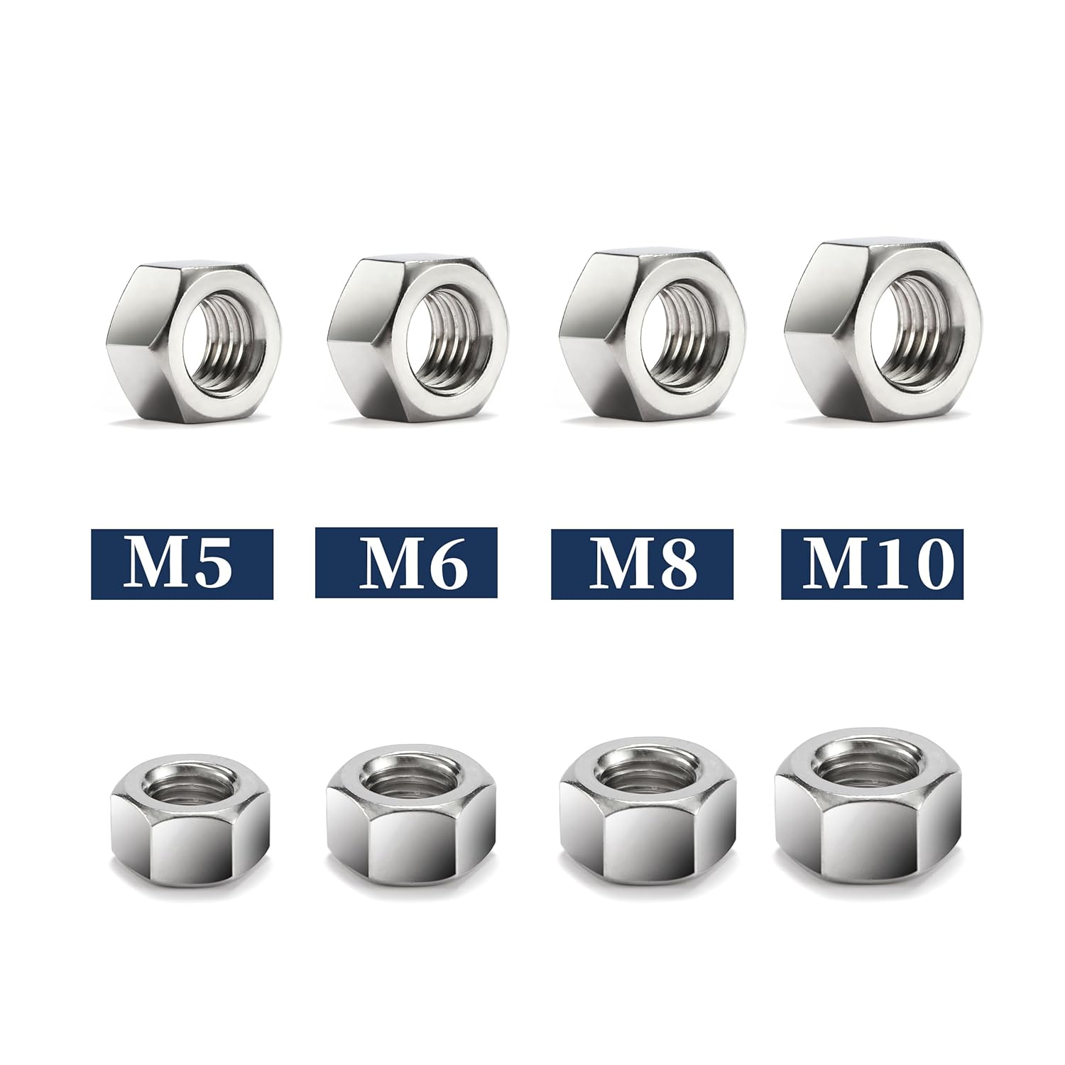 M10 x 1.5mm Hex Nuts 100Pcs 304 Stainless Steel 18-8, Full Thread, Hex Drive, Bright Finish by SG TZH