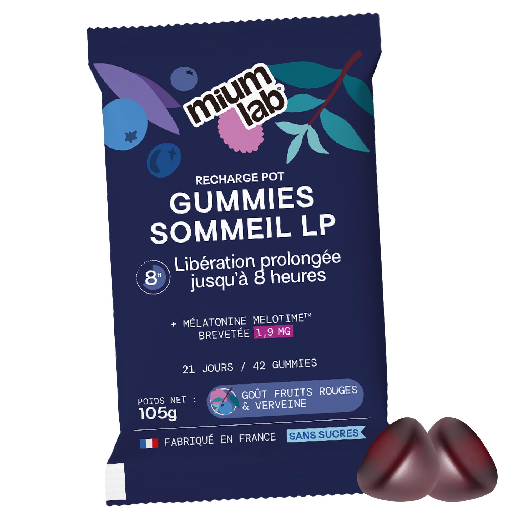 Mium Lab - Sommeil breveté 8h à libération prolongée - Anti-réveils nocturnes & Endormissement - Mélatonine brevetée - Éco-recharge 42 gummies - Gummies Sans Sucres - Fabriqué en France