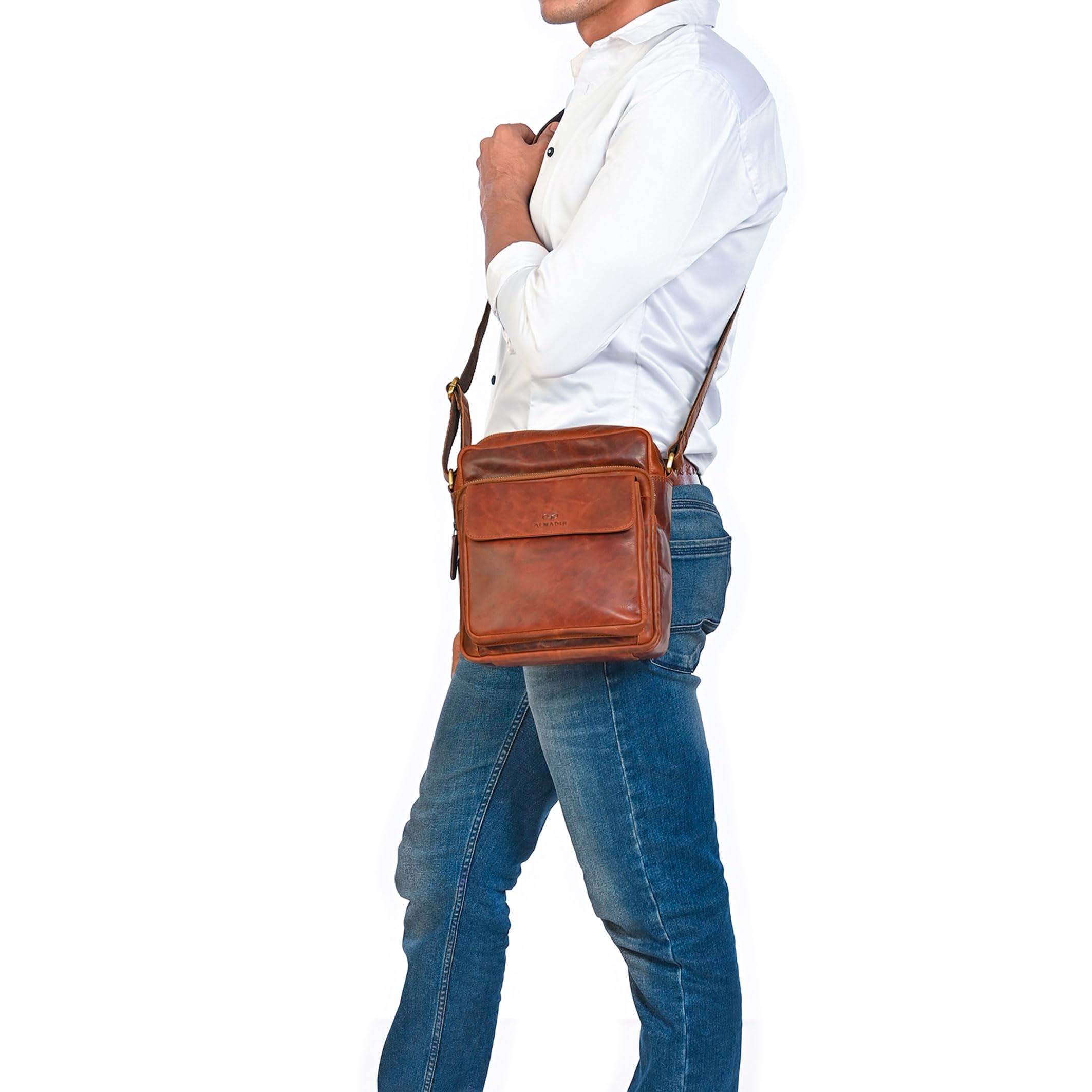 ALMADIH Leder Umhängetasche Herren perfekt für Tablet iPads 12.9 Zoll - DON braun - Kompakte echte Ledertasche für Arbeit & Alltag Messenger Schultertasche kleine Herrentasche