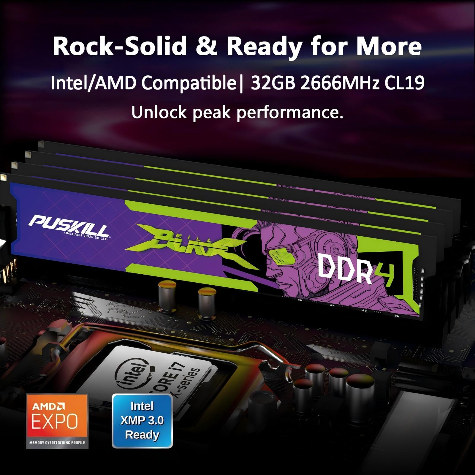 PUSKILL Kit da 32 GB (2 x 16 GB) DDR4 RAM 2666 MHz PC4-21300 memoria desktop, non ECC unbuffered UDIMM 1,2 V CL19 288 pin, modulo di aggiornamento per computer PC a doppio canale per Intel e AMD
