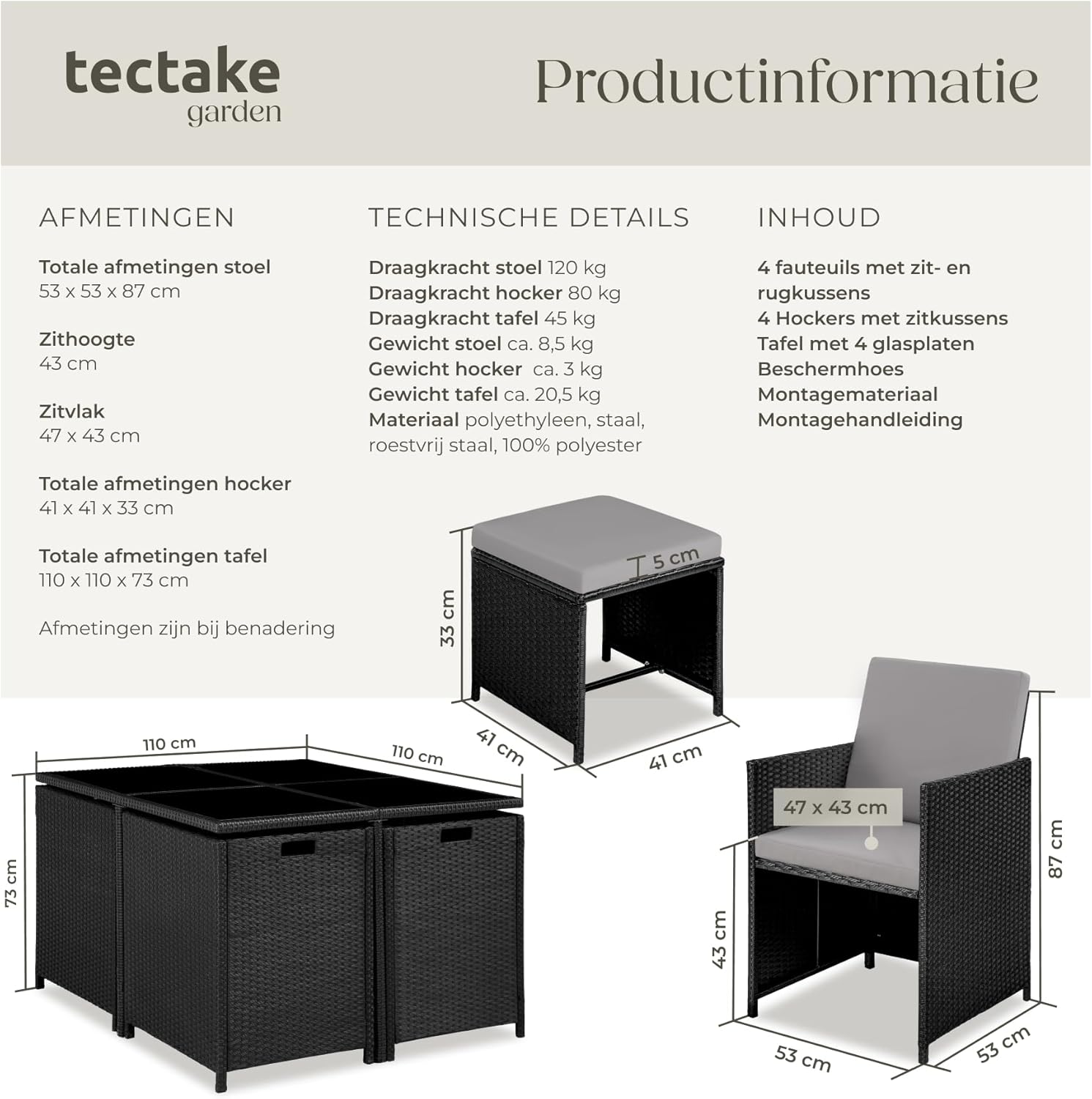 Diagram showing the detailed dimensions of the tectake lounge furniture set components: table, chairs, and stools.