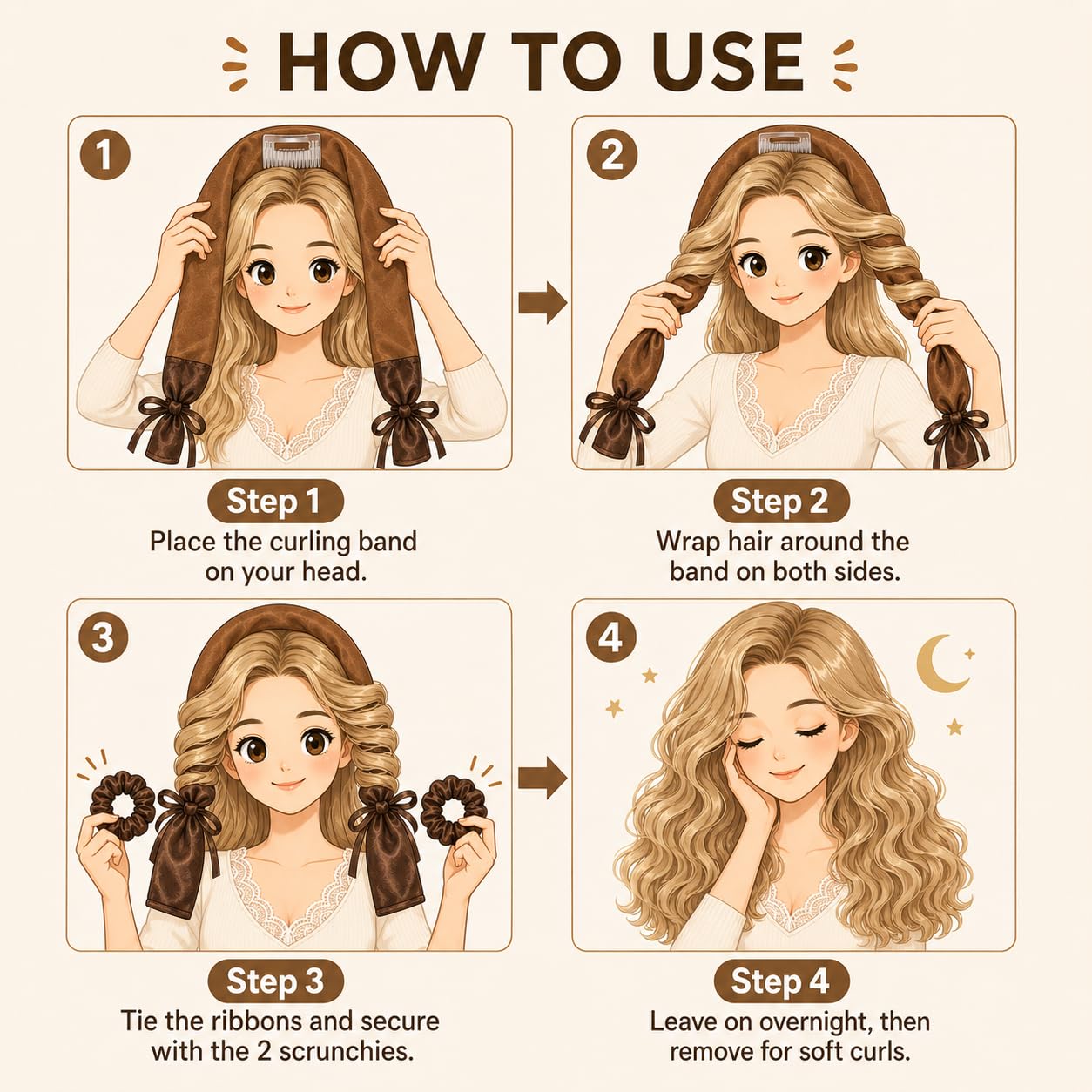 Heatless Curling Overnight Set, No-Heat Hair Curler Headband with Detachable Comb & 2 Scrunchies, Soft Ribbon Curlers for Overnight Natural Waves, Women Long & Medium Hair, Brown