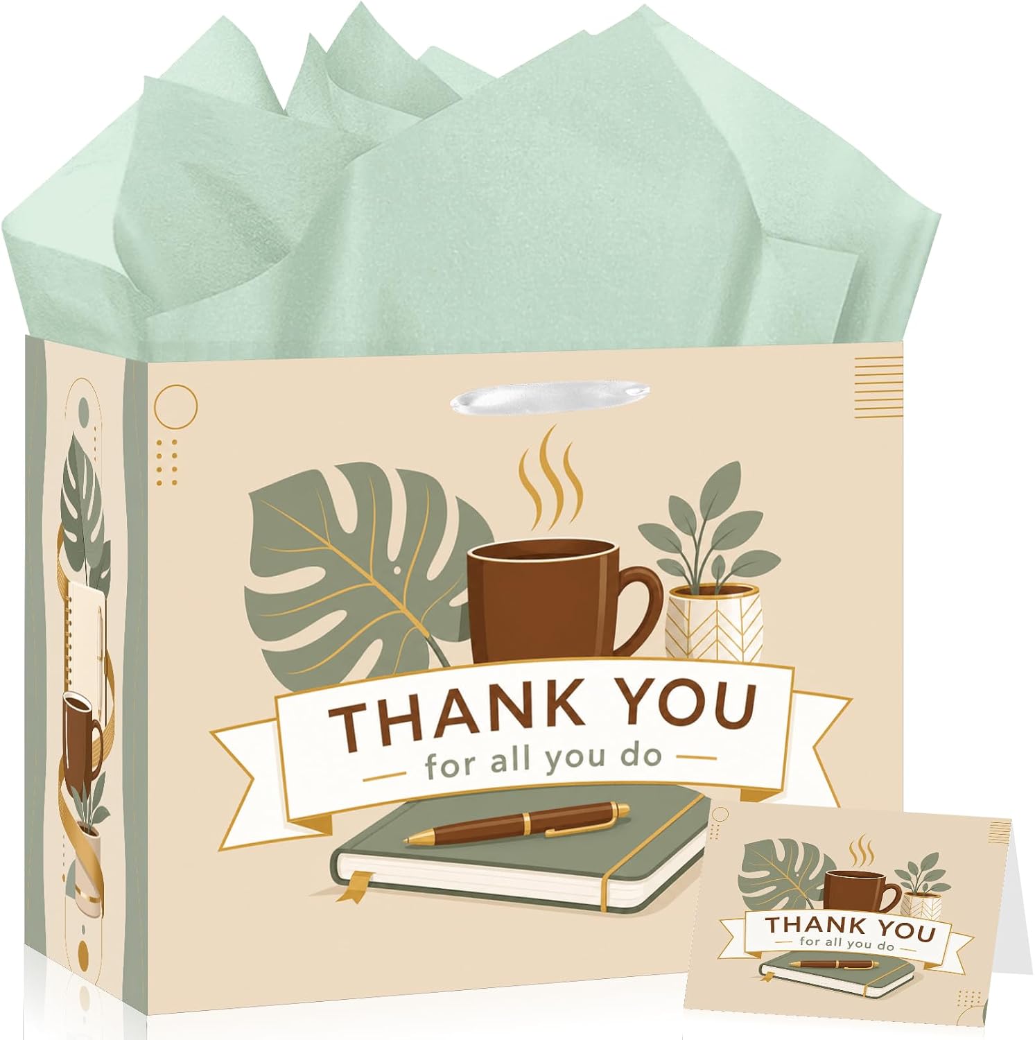 JoyframeAI Thank You Gift Bag with Tissue Paper and Greeting Card, Sage Green Appreciation Present Bag with Handles, Boho Coffee and Notebook Theme Wrapping Set for Teachers Employees