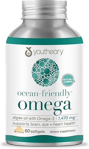 Youtheory Omega Ocean-Friendly - Cápsulas blandas de algas veganas Omega 3 - con EPA y DHA - Salud del corazón, ojos y cerebro - Contenedor de