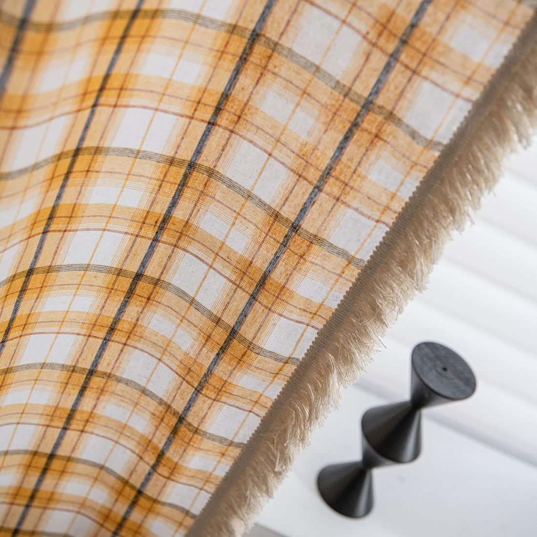 Buffalo Check Plaid Orange Curtain wit Tassels Cotton Linen Boho Window Curtain Panel Rod Pocket Striped Semi Blackout Drape for Bedroom Living Room Kitchen, 1 Panel, 59" x 78"