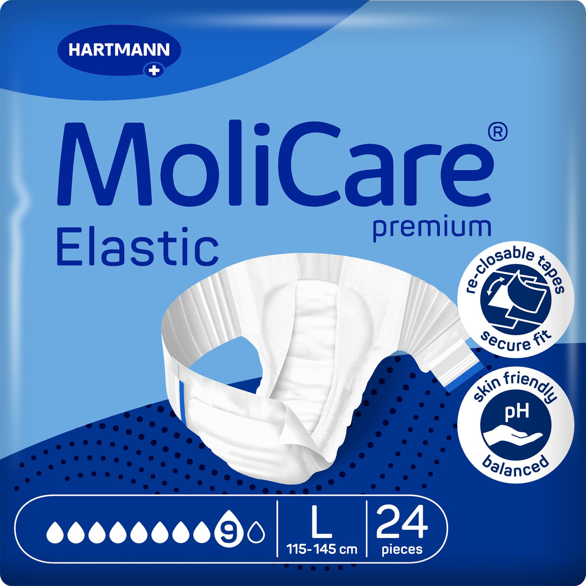 MoliCare Premium Elastic Adult Nappies – 9 Drops | Reliable High-Absorbency Disposable Diapers for Men and Women with Very Severe Incontinence| Size L | Pack of 24