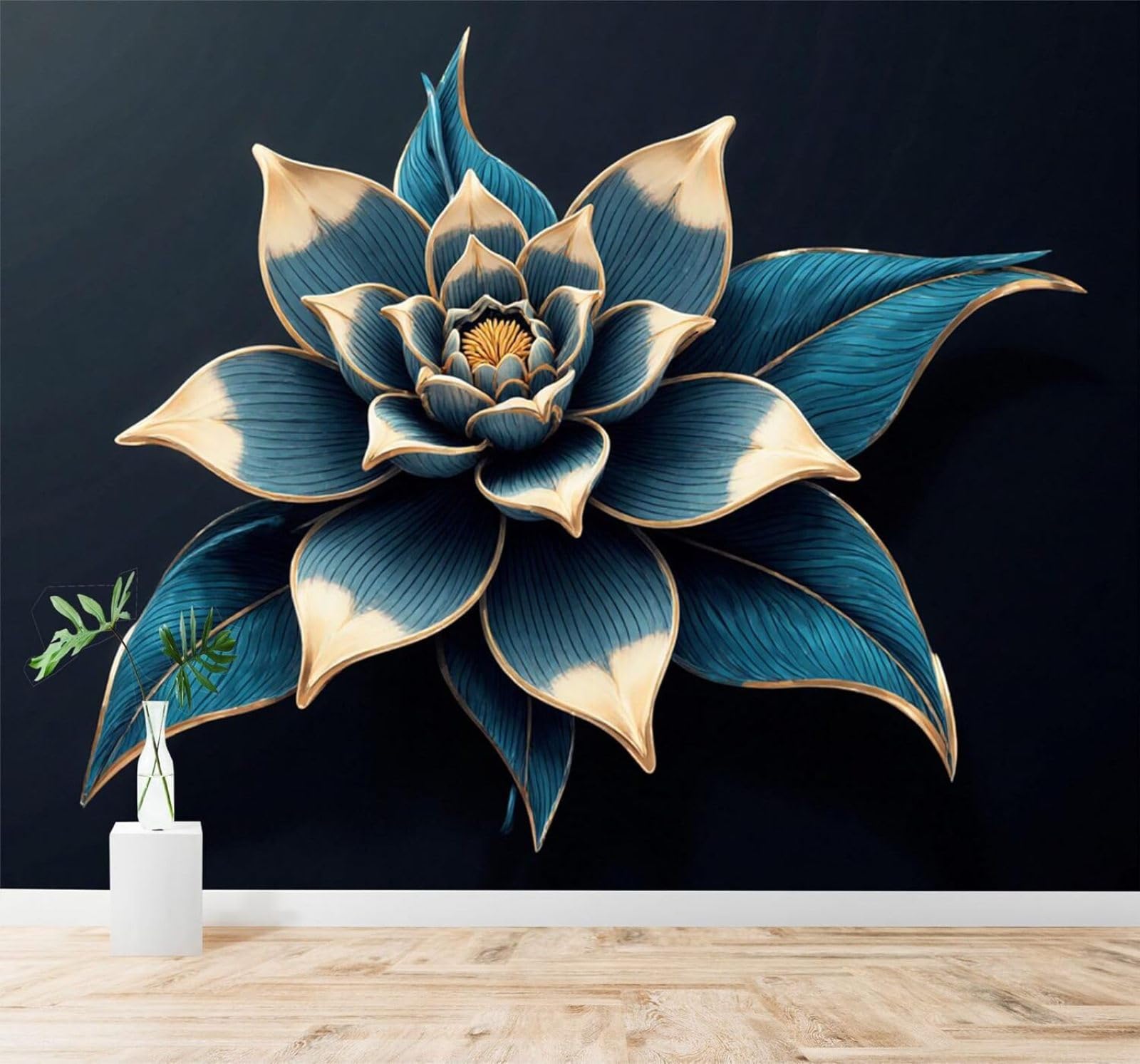 XLMING Creative Three Dimensional Blue and Gold Lotus Art 3D Wallpaper Silky Texture Home Study Office Grey Dining Room Sofa Bedroom Living Room TV Backdrop-430cm×300cm