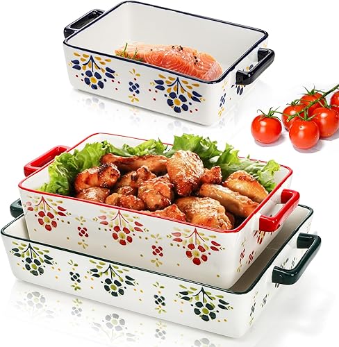 Miniatura 5 de Peohud Juego de 3 cacerolas para horno, platos de porcelana para hornear con asa, grandes sartenes rectangulares para lasaña, juego de utensilios de