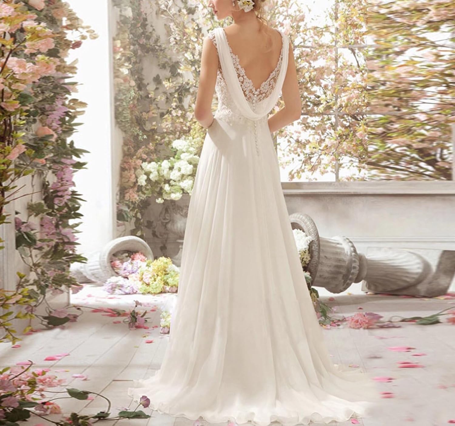 Laces Appliqued with Sequin and Beading Beach Wedding Dress for Bride Chiffon Long Formal Evening Prom Dress