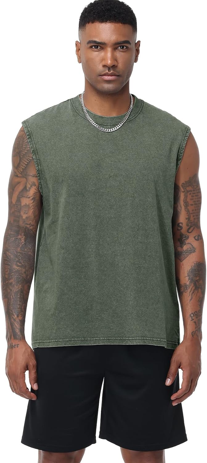Flygo Mens Sleeveless Workout Tank Tops Cotton Cut Off Muscle T Shirts Acid Wash Loose Running Gym Tees - Image 2