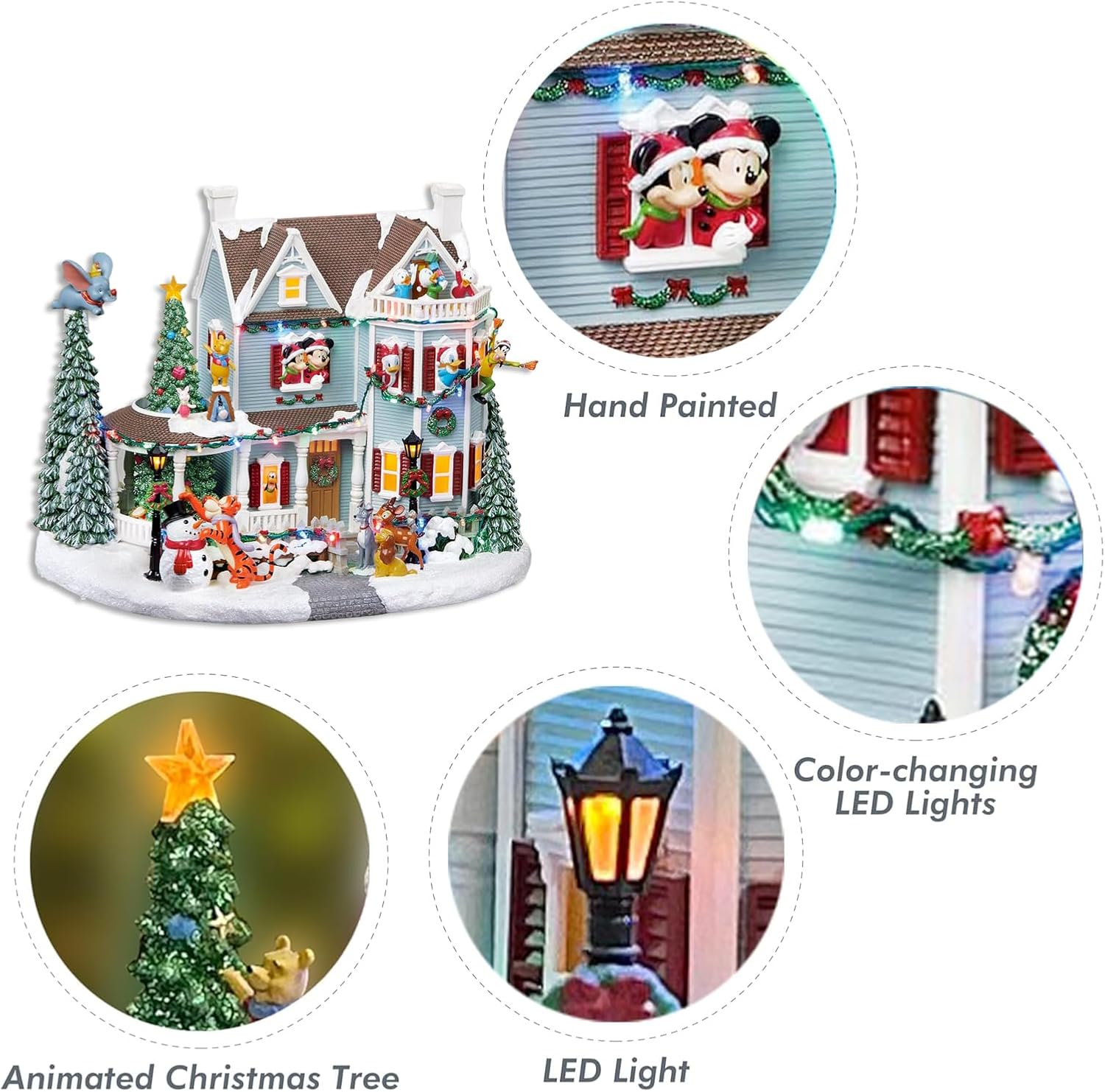 Animated Disney Christmas House 12”H Moments In Time LED Lighted Holiday Village with Music Volume Control Hand-Painted Disney Characters Power Adapter Included Festive Décor
