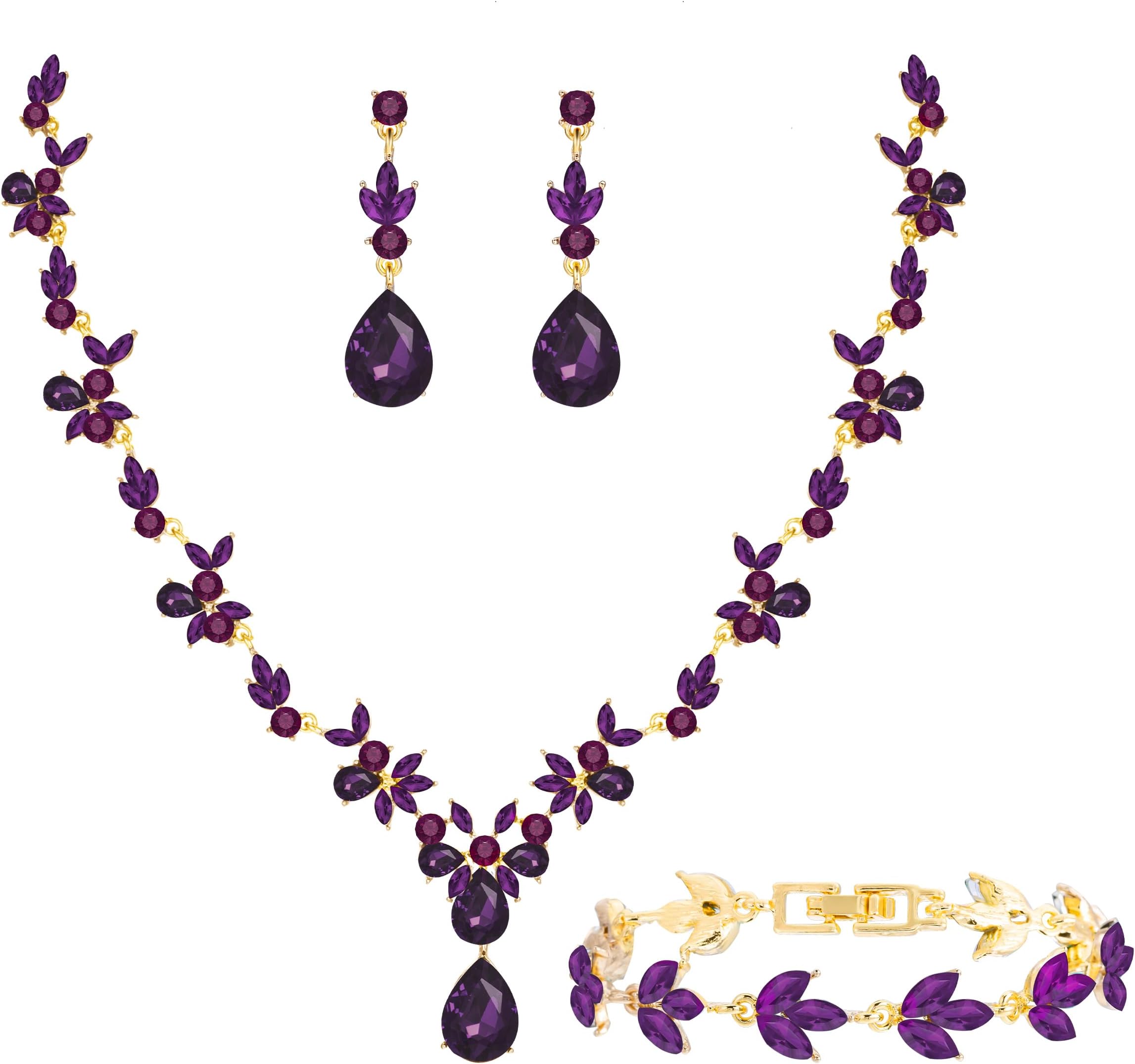 Bridal Wedding Elegant Floral Jewelry Set for Women/Brides/Bridesmaids Crystal Jewelry Set for Wedding Prom Party Bridal Crystal Necklace Earrings Bracelet Set