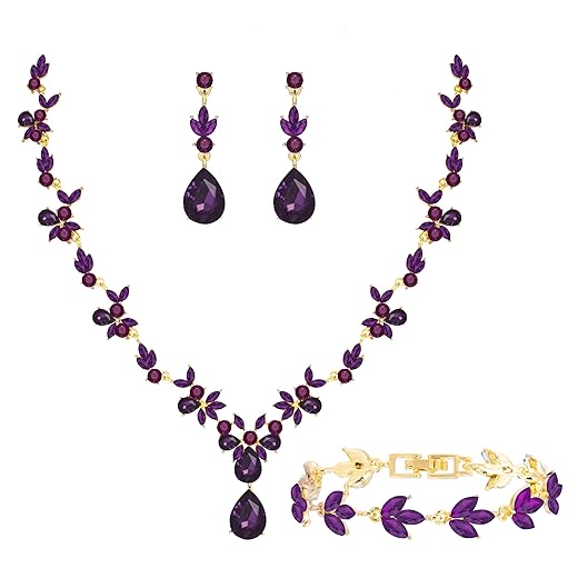 Paxuan Bridal Wedding Elegant Floral Jewelry Set for Women/Brides/Bridesmaids Crystal Jewelry Set for Wedding Prom Party Bridal Crystal Necklace Earrings Bracelet Set