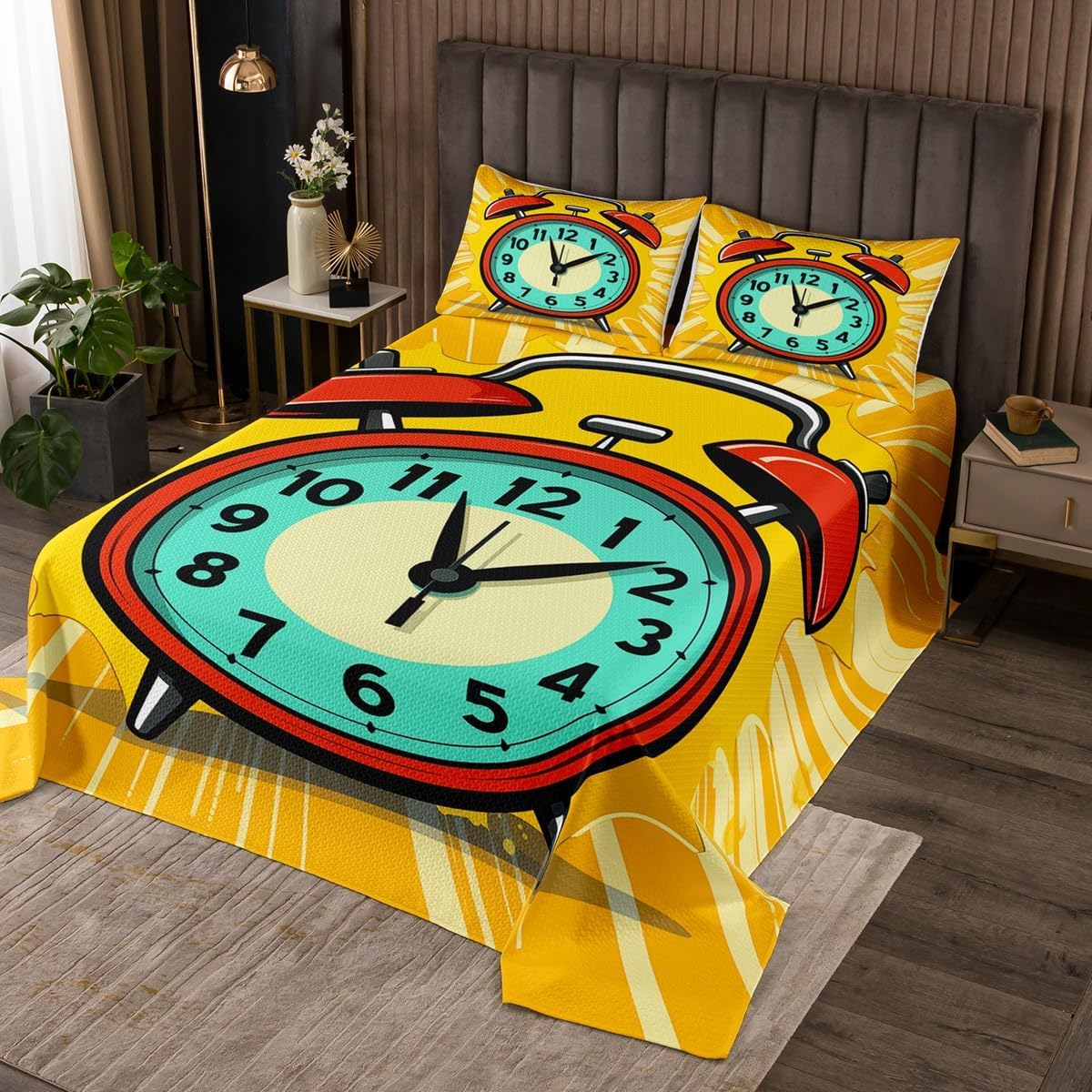 Homewish Red Alarm Clock Bedspread Twin Size,Yellow Stripe Fashion Bedding Set for Kids Boys Girls Room Decor Cloudy Flame Comforter Set 3D Cartoon Modern Style Coverlet Set 2Pcs,1 Pillowcase