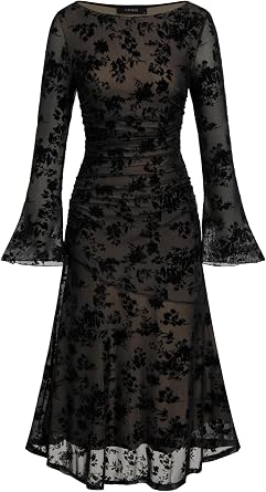 CIDER Maxi Womens Dresses Floral Lace Ruched Long Sleeve Boat Neck Party Evening Maxi Dress