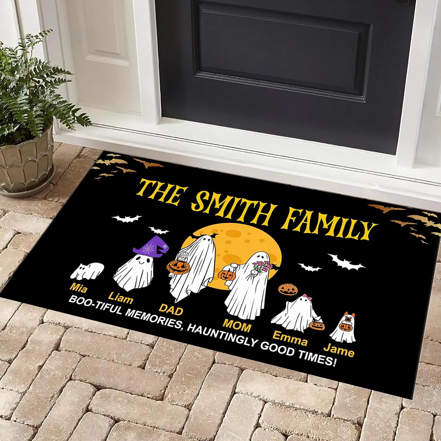 Personalized Halloween Door Mat for Family, Custom Halloween Doormat for Front Door Outdoor Indoor Kitchen Bathroom, Customized Halloween Decorations Spooky Door Mat with Name