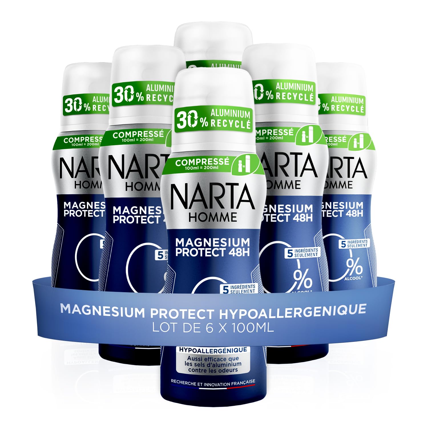 Narta - Déodorant Homme - Magnesium Protect Hypoallergénique - Spray Compressé - Lot de 6 x 100 ml
