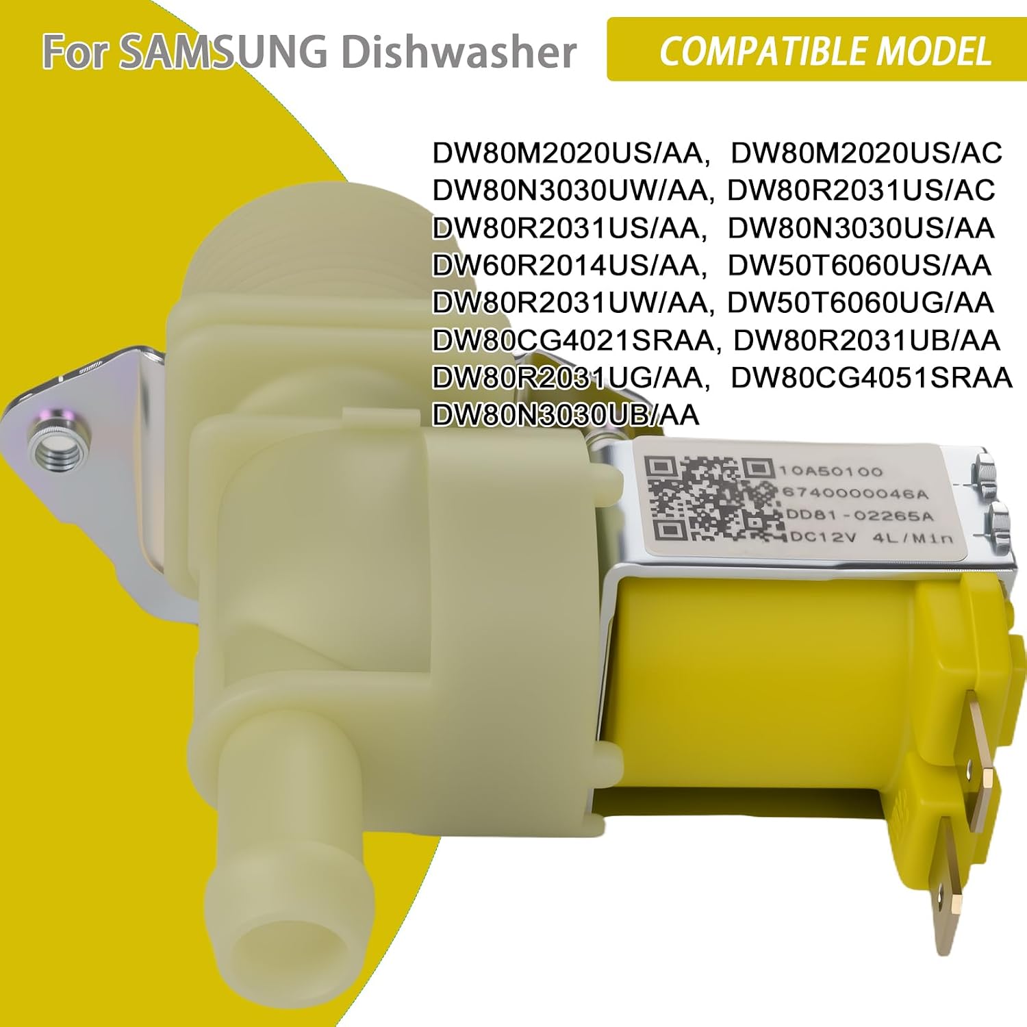 DD81-02265A Dishwasher Water Inlet Valve Replacement Parts，Direct Fits SAMSUNG DW80R2031US/AA, DW80R2031UW/AA, DW80N3030US/AA, DW80M2020US/AA, DW60R2014US/AA and More Models (OEM Quality)