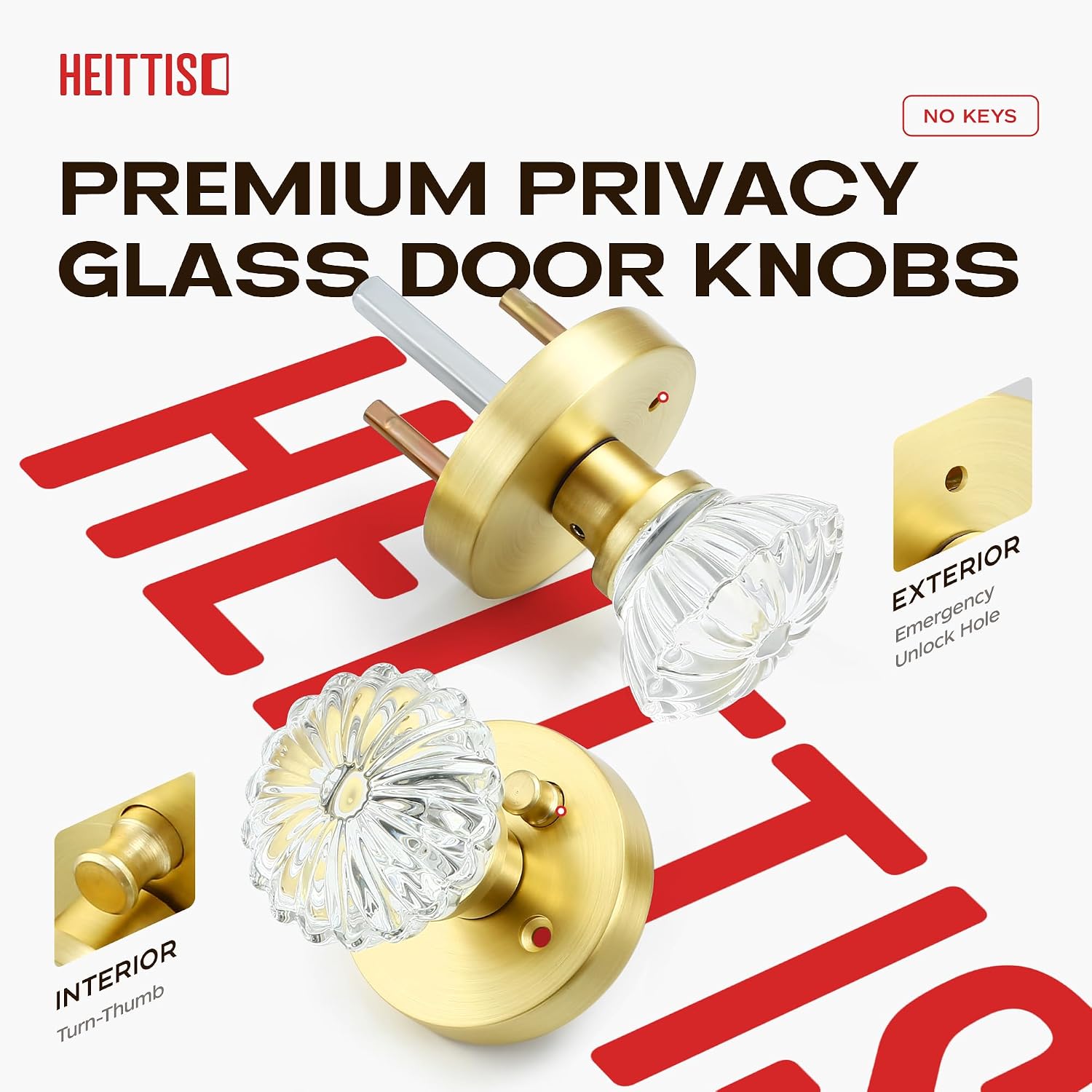 1 Pack Glass Door Knobs, Interior Crystal Privacy Door Knob for Bedroom/Bathroom, Heavy Duty Design, Satin Brass Finish