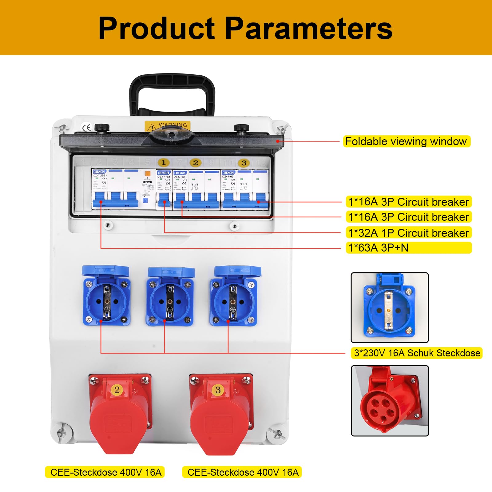 Baustromverteiler,IP65 Wasserdicht Stromverteiler mit Leitungsschutzschalter, Wandverteiler mit IP54 230V/16A Schuko Steckdose und IP44 CEE Steckdose 400V/16A