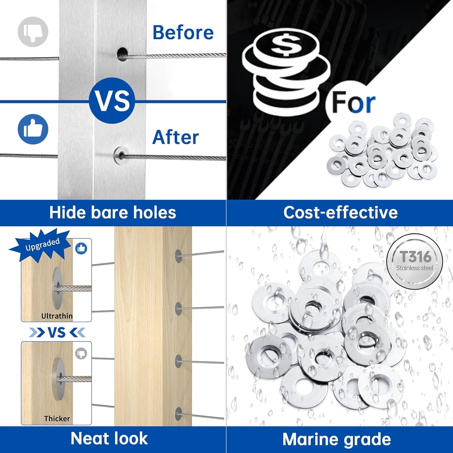 Muzata 40 Pack Cable Railing Adhesive Sleeves for 1/8" 5/32" Wire Rope T316 Stainless Steel Adhesive Grommet Protector Sleeves Cable Railing Hardware Kit Wood Metal Posts CR66