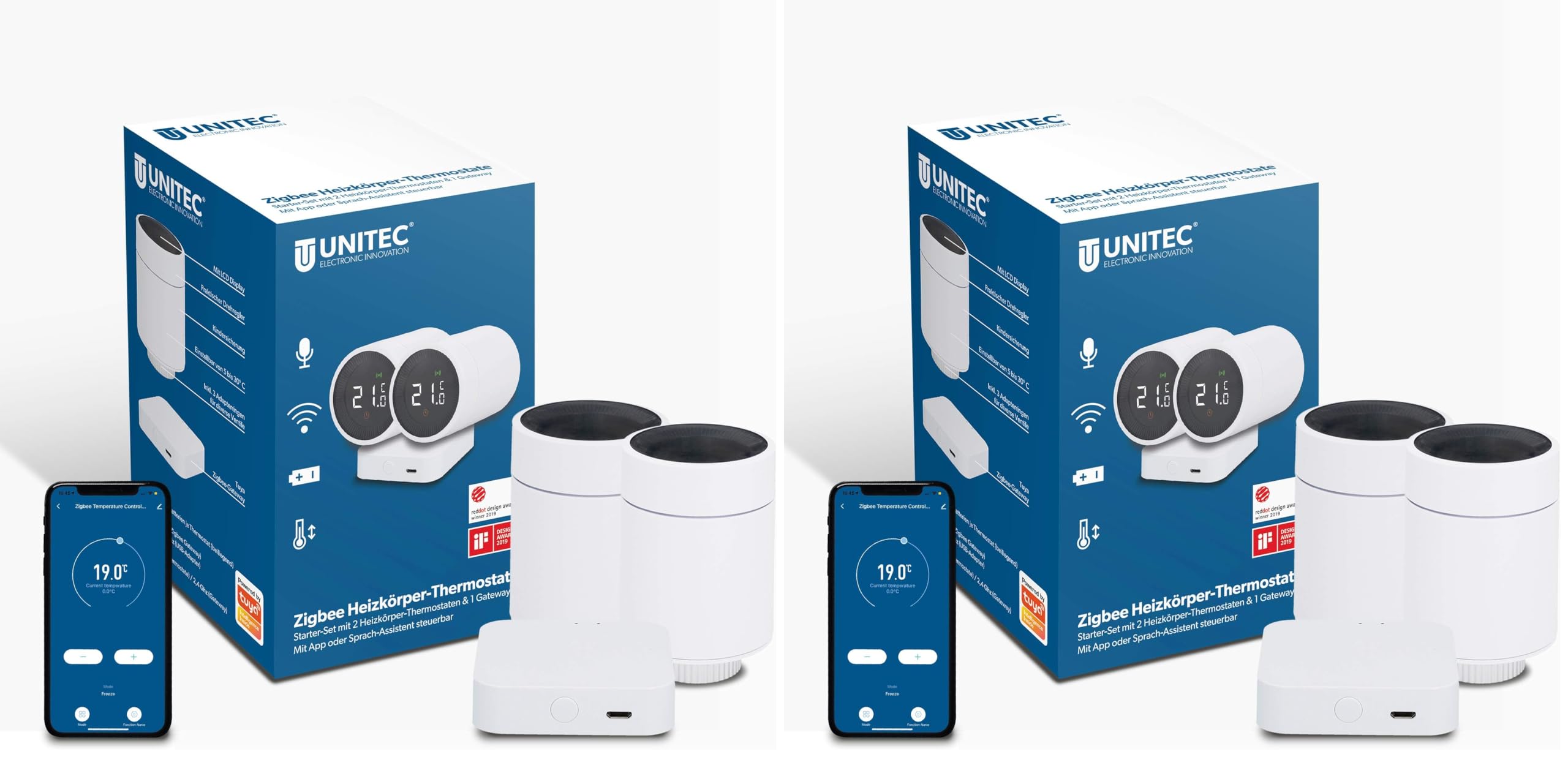 UNITEC Smart Heizkörper-Thermostat Starter Set 2+1 mit LCD Display, kompatibel mit Amazon Alexa und Hey Google (Packung mit 2)