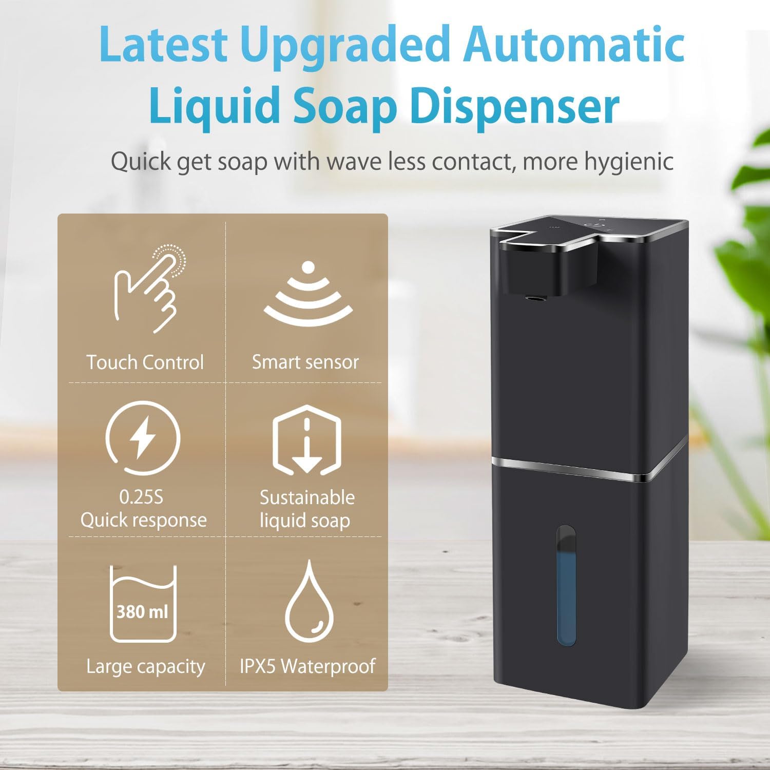 automatic liquid soap dispenser touchless soap dispenser 380ml/12.8oz rechargeable, wall mounted,4 levels adjustable auto soap pump for bathroom kitchen dish soap black liquid square