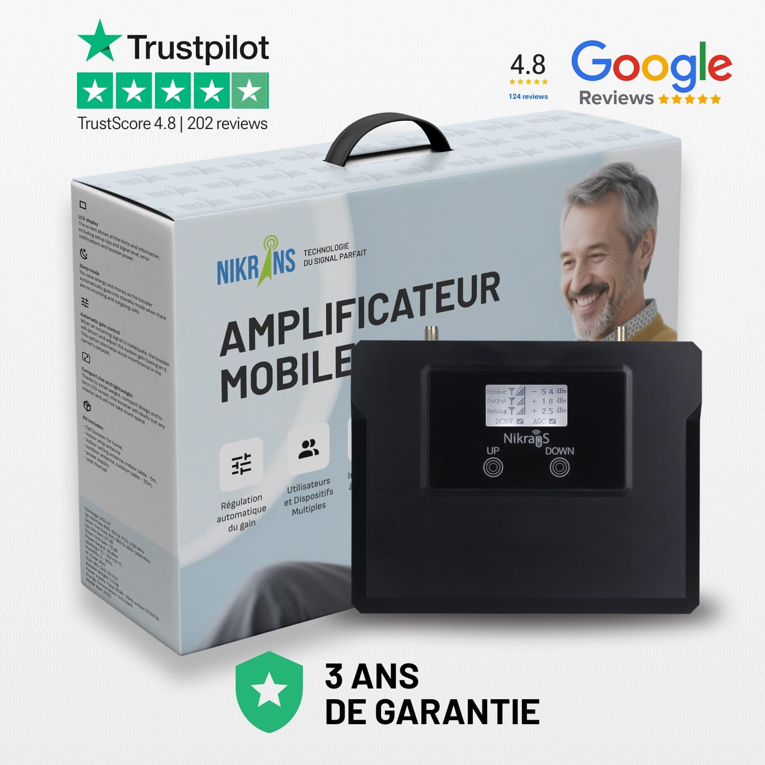 Amplificateur 4G LTE GSM – Bandes 3/8 – 900/1800 MHz – Compatible Tous Opérateurs – Répéteur Réseau Mobile – 70dB Gain – Appels et Internet Stables – Certifié CE RoHS