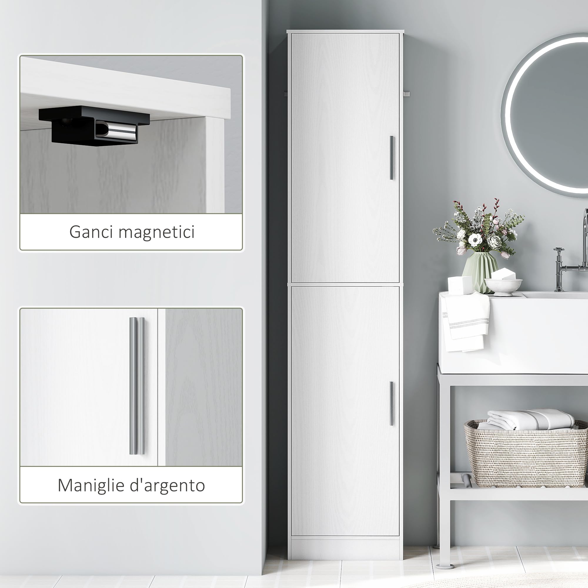 HOMCOM Mobile Bagno con 2 Armadietti e Ante, Colonna Bagno Salvaspazio con Ripiani Regolabili, per Sala da Pranzo, Salotto, Soggiorno, Cucina, 40x35x180 cm, Bianco