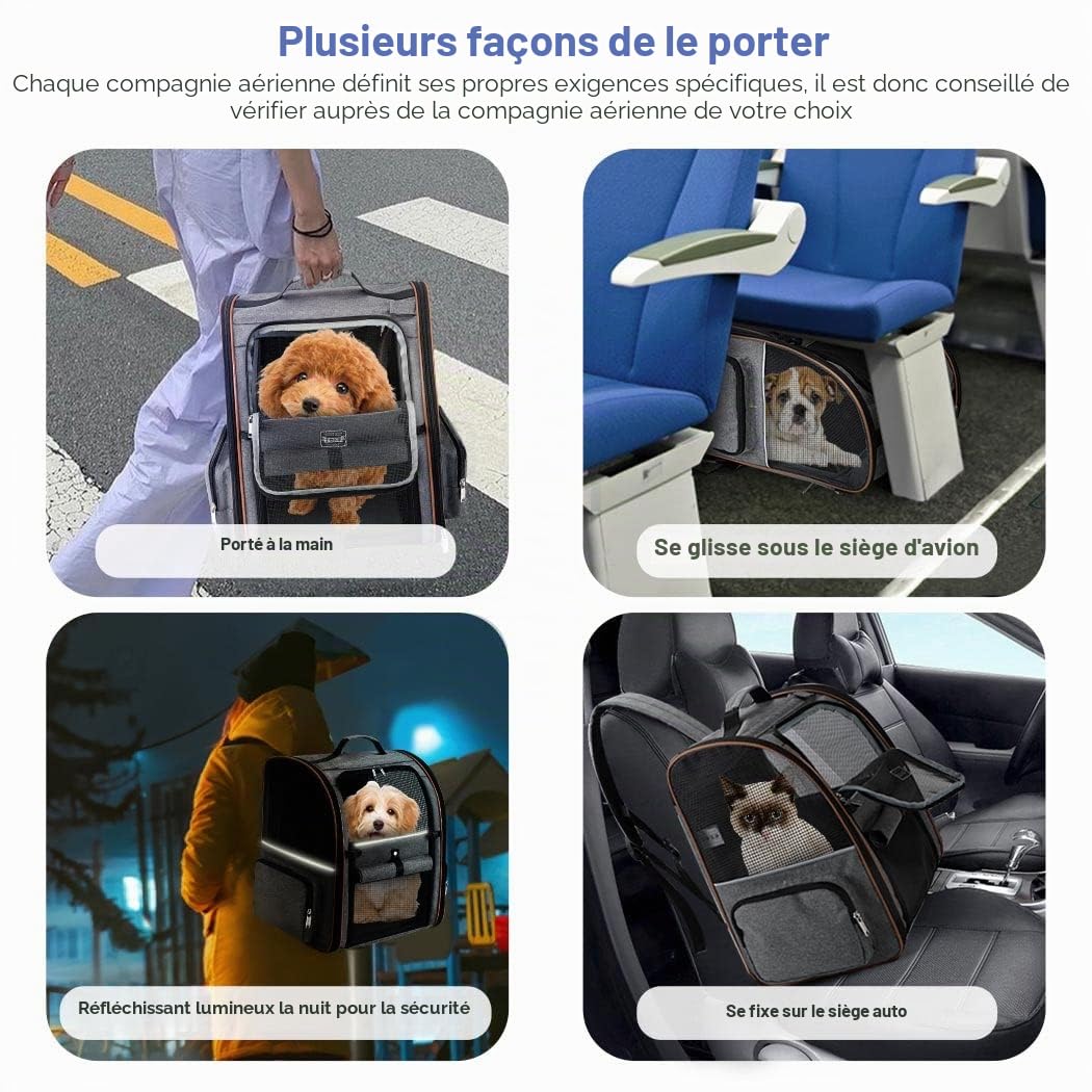 Sac Transport Chat avec 4 Entrées, pour Chien, Respirant - Sac a Dos avec Harnais Intérieur - Charge Maximale 8kg - Gris