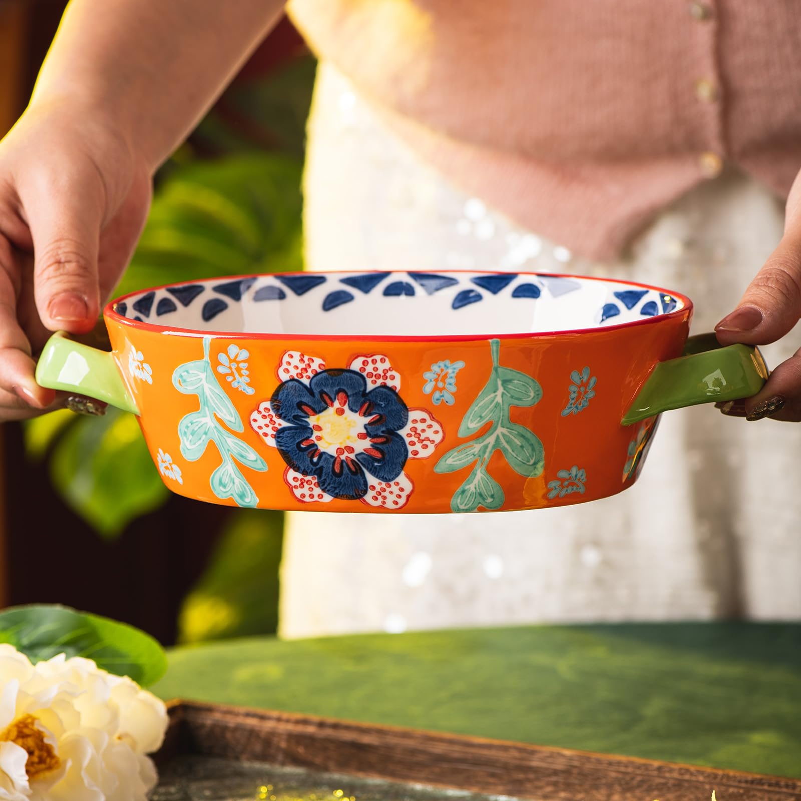 Cazuela de cerámica para hornear de 9.7 x 6.25 pulgadas, sartén profunda para lasaña para horno, bandeja para hornear de 28 onzas con asas, apta para horno y duradera para lasaña, regalos de