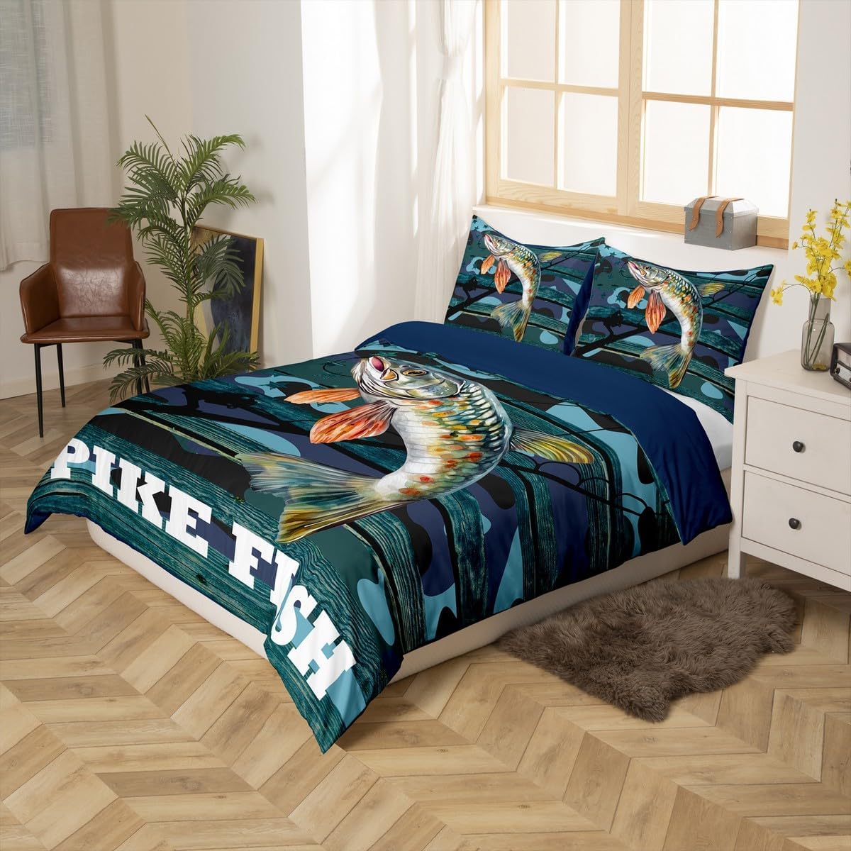 Erosebridal Big Pike Fish Bedding Set Full,Bass Fishing Duvet Cover for Kids Boys Men Room Decor,Blue Camo American Flag Bed Set Rustic Lake House Duvet Cover with 2 Pillowcases (No Comforter)