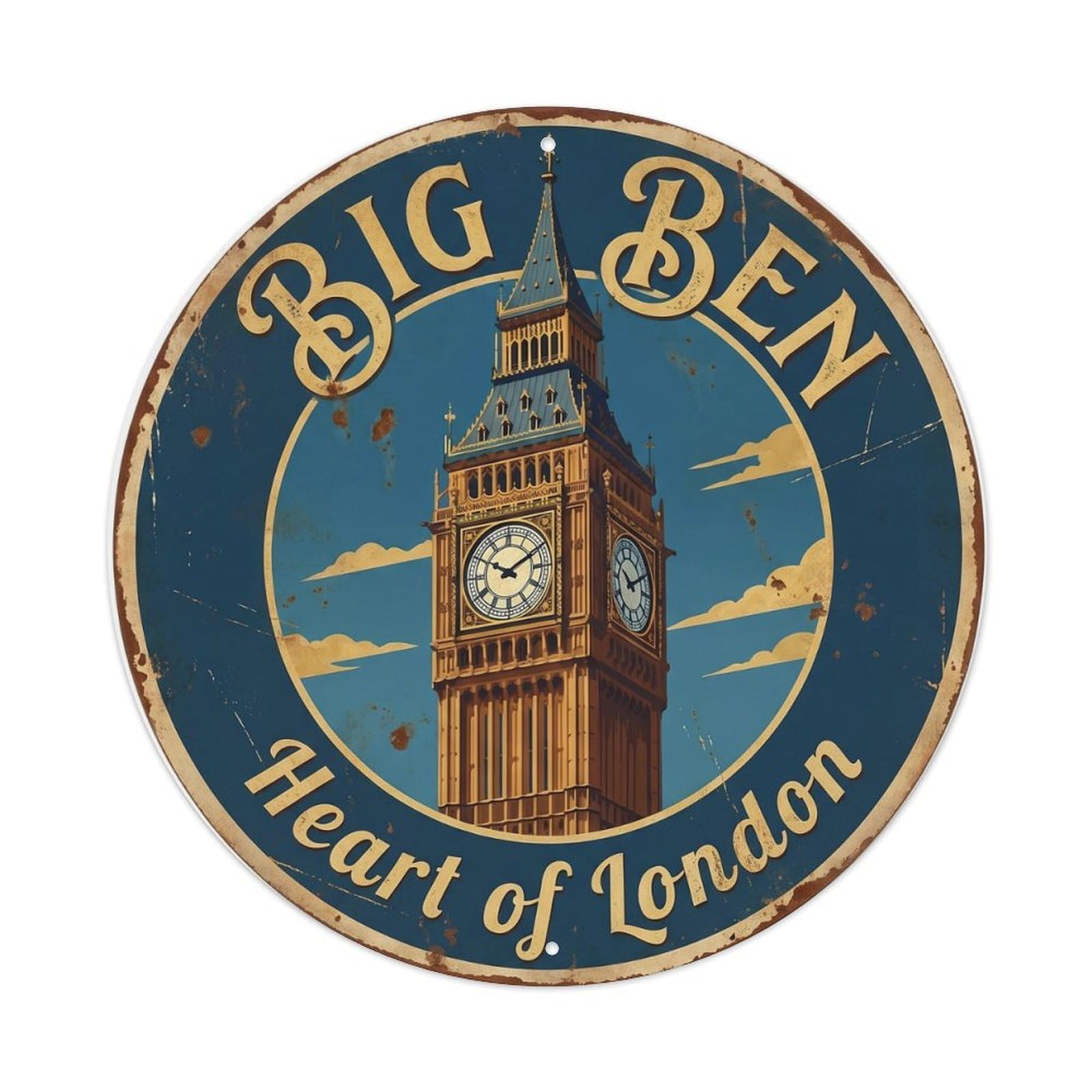 Vintage Travel Big Ben London Iconic Metal Tin Sign Plaque Wall Decor for Cafe, Club Bar, Office, Home Garden Round Metal Poster 8x8Inch