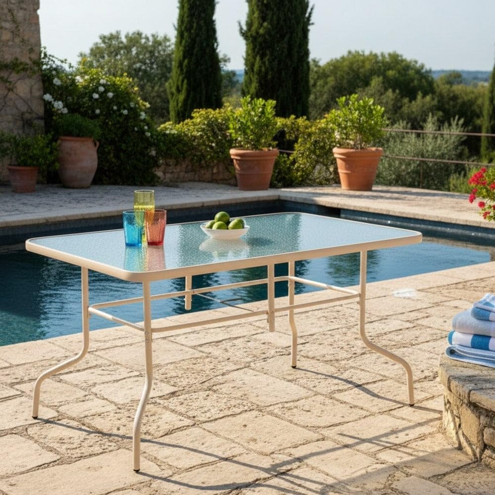 MONTY Mesa de Jardín Rectangular 140x90 cm de Acero Arena con Tablero de Cristal Templado 5mm | Pintura Anticorrosión, Uso Exterior | para 4 Personas | Requiere Montaje | Classic