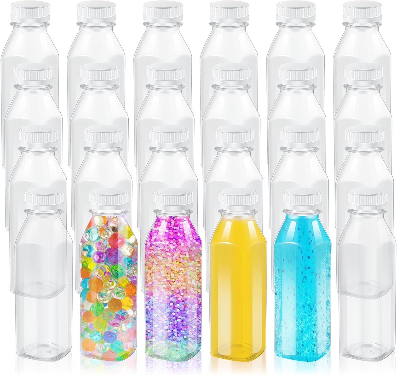 Honeydak 24 Pack Empty Sensory Bottles, 12 oz / 350 ml Clear Plastic Bottles with White Lids for Sensory Crafts, DIY Projects, Party Favors & Storage, Flat Shoulder Bottle