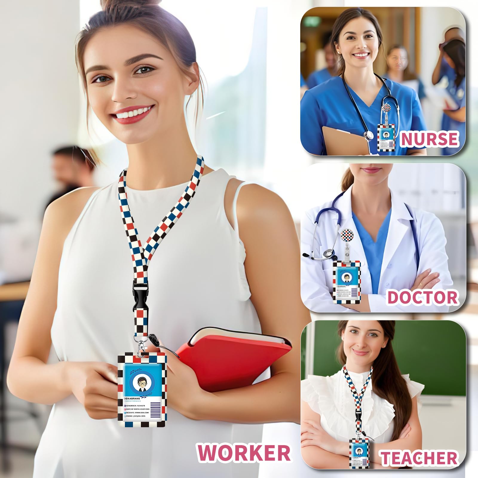 Soporte para tarjetas de identificación con cordón, de moda, con cordones retráctiles, clip de metal de fibra suave, hebilla resistente para llaves, cartera, trabajo, enfermera, profesor (bonito