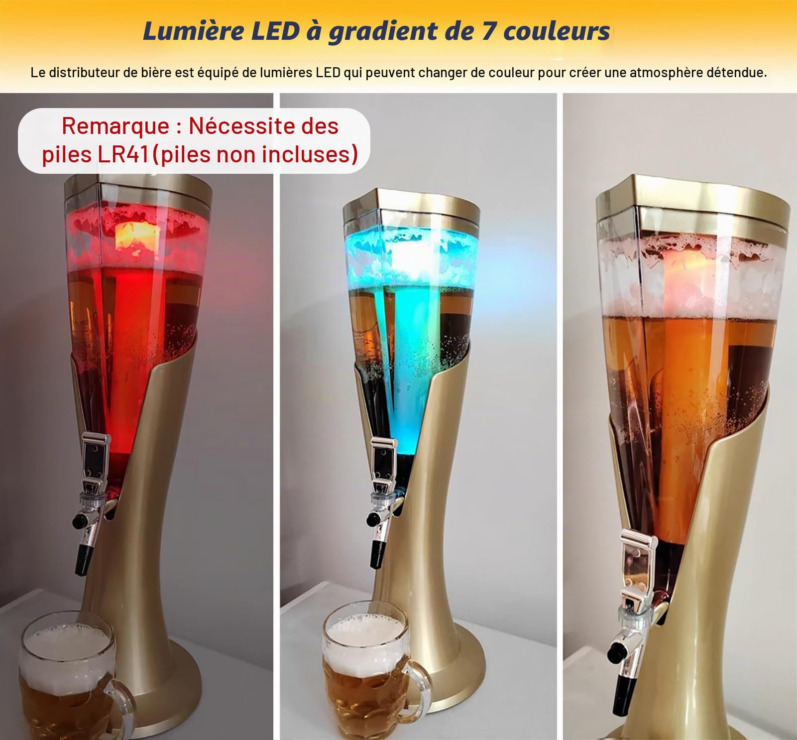 Girafe Biere Distributeur de Boissons à Bière avec Tube à Glaçons et Éclairage LED, Tour à Boissons Margarita Mimosa de Table pour Bars, Distributeur de Boissons(Gold,2 L)