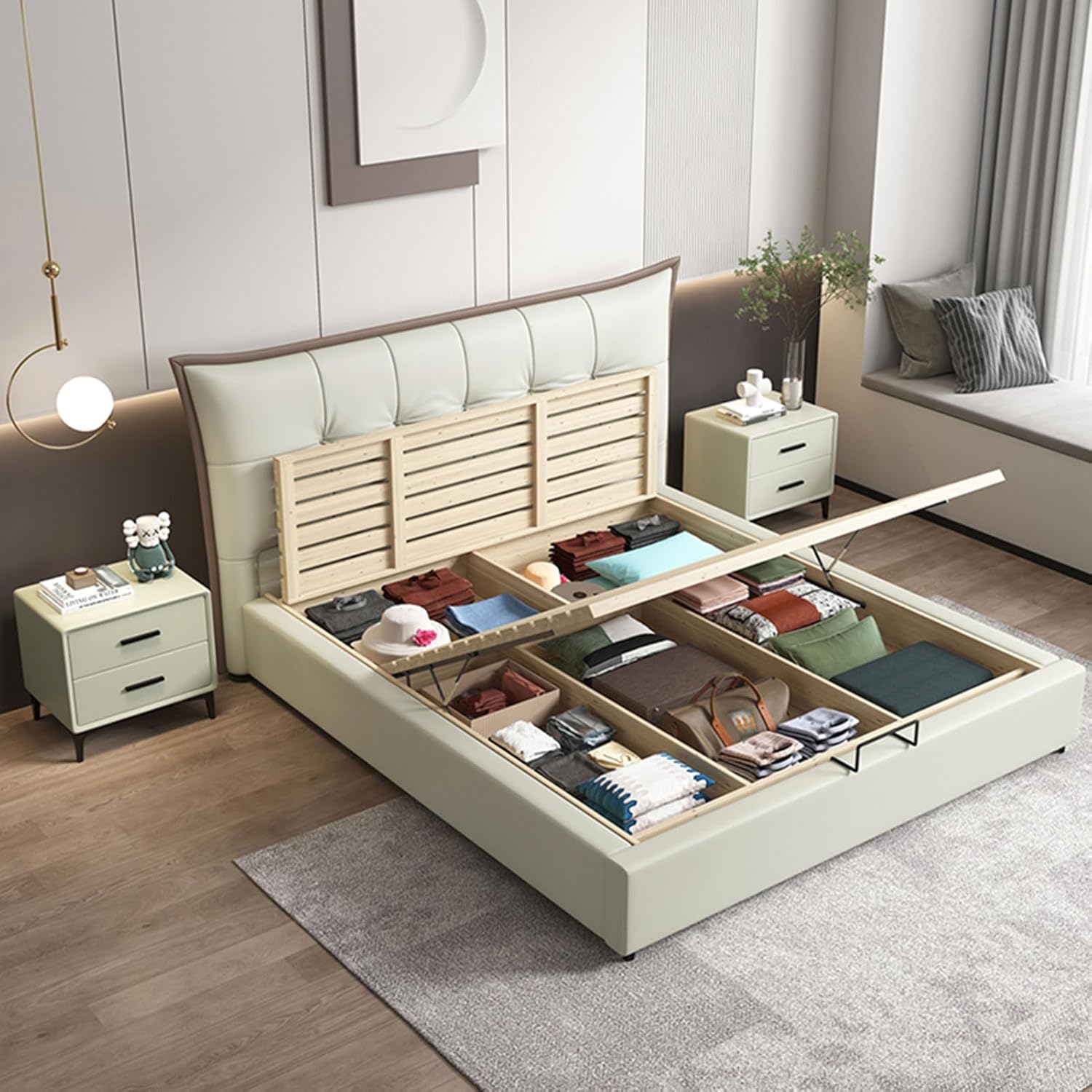 Modern Leather Full Size Bed Frame Ergonomic Upholstered Headboard with Heavy Duty Wooden Slat Support Noise-Free