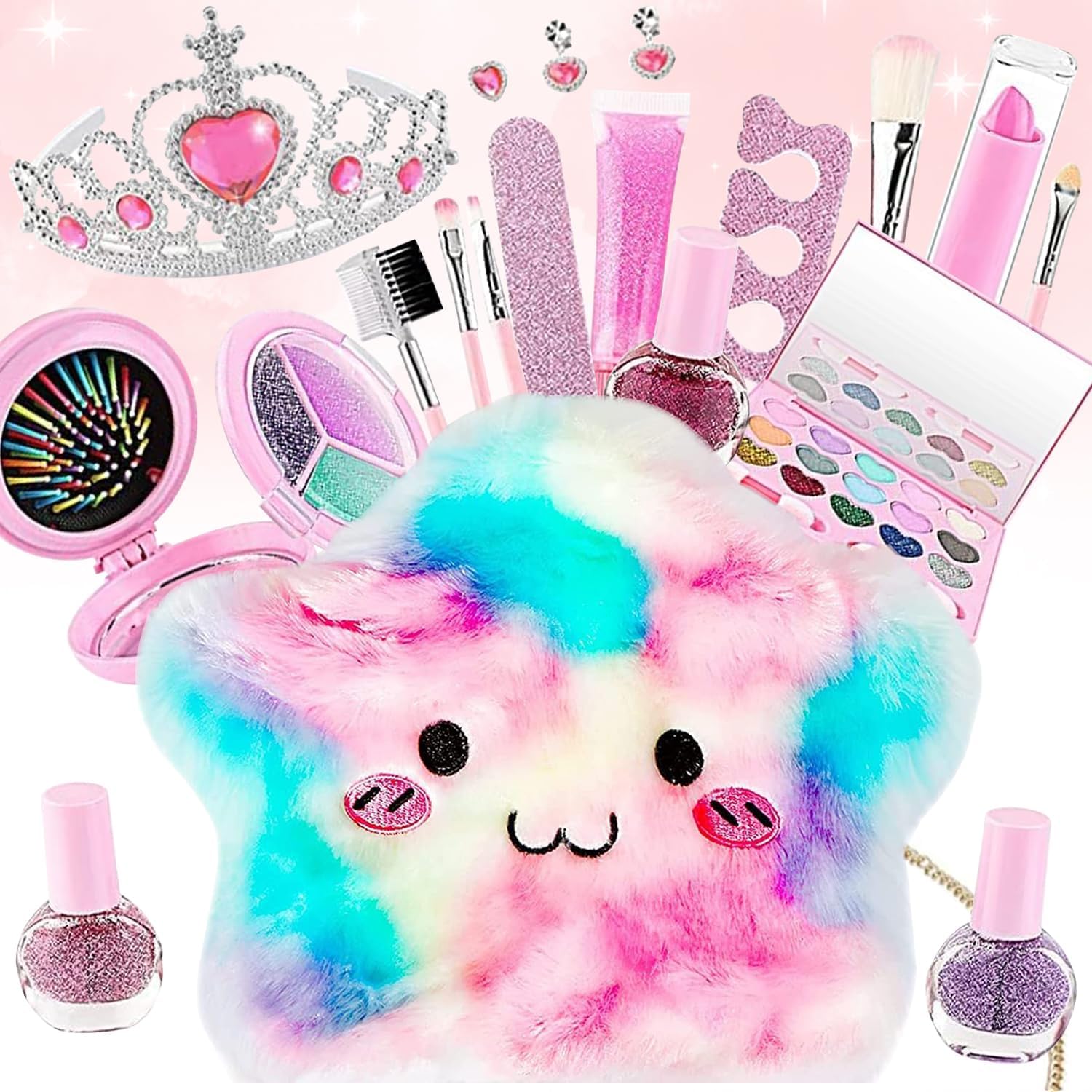 Necomi 21 Pcs Kids Makeup Toys for Girls, Princess Dress up Makeup Set, Washable and Safe & Non-Toxic Real Makeup Beauty Toys Set with Cute Cosmetic Makeup Bag for Little Girls Birthday Gifts