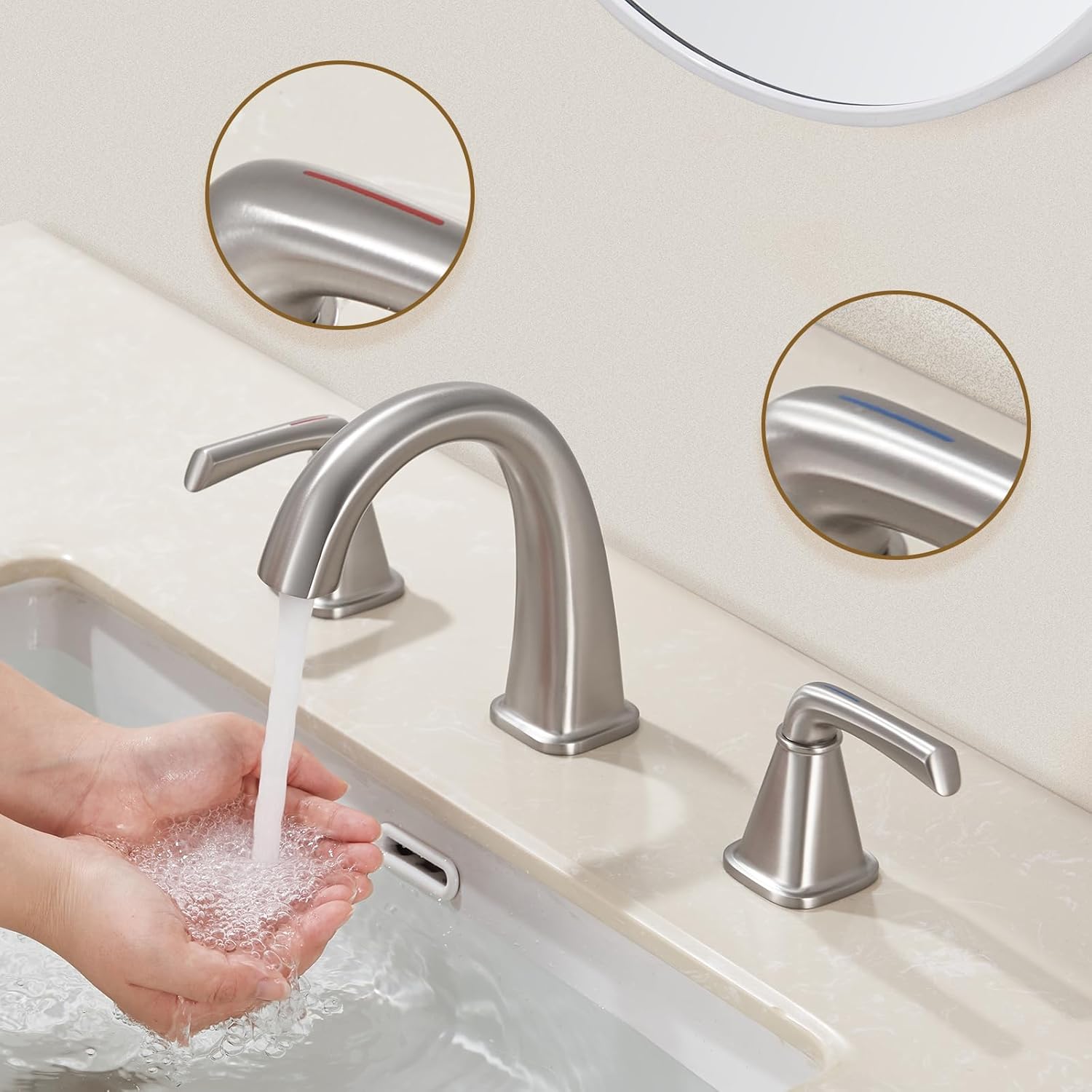 Widespread Bathroom Faucet 3 Hole, Brushed Nickel Bathroom Sink Faucet, 2 Handle Brass Bathroom Faucets for Vanity Faucet with Pop Up Drain and 2 Supply Lines
