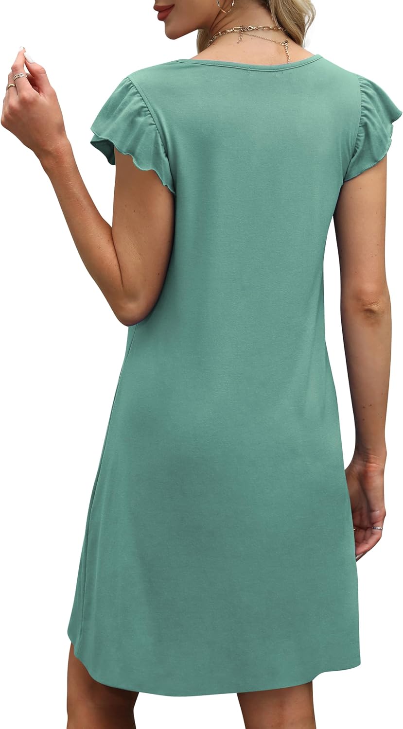 OFEEFAN Womens Summer Dresses 2026 Ruffle Sleeve V Neck Loose Swing Sundresses with Pockets Plain/Print - Image 5