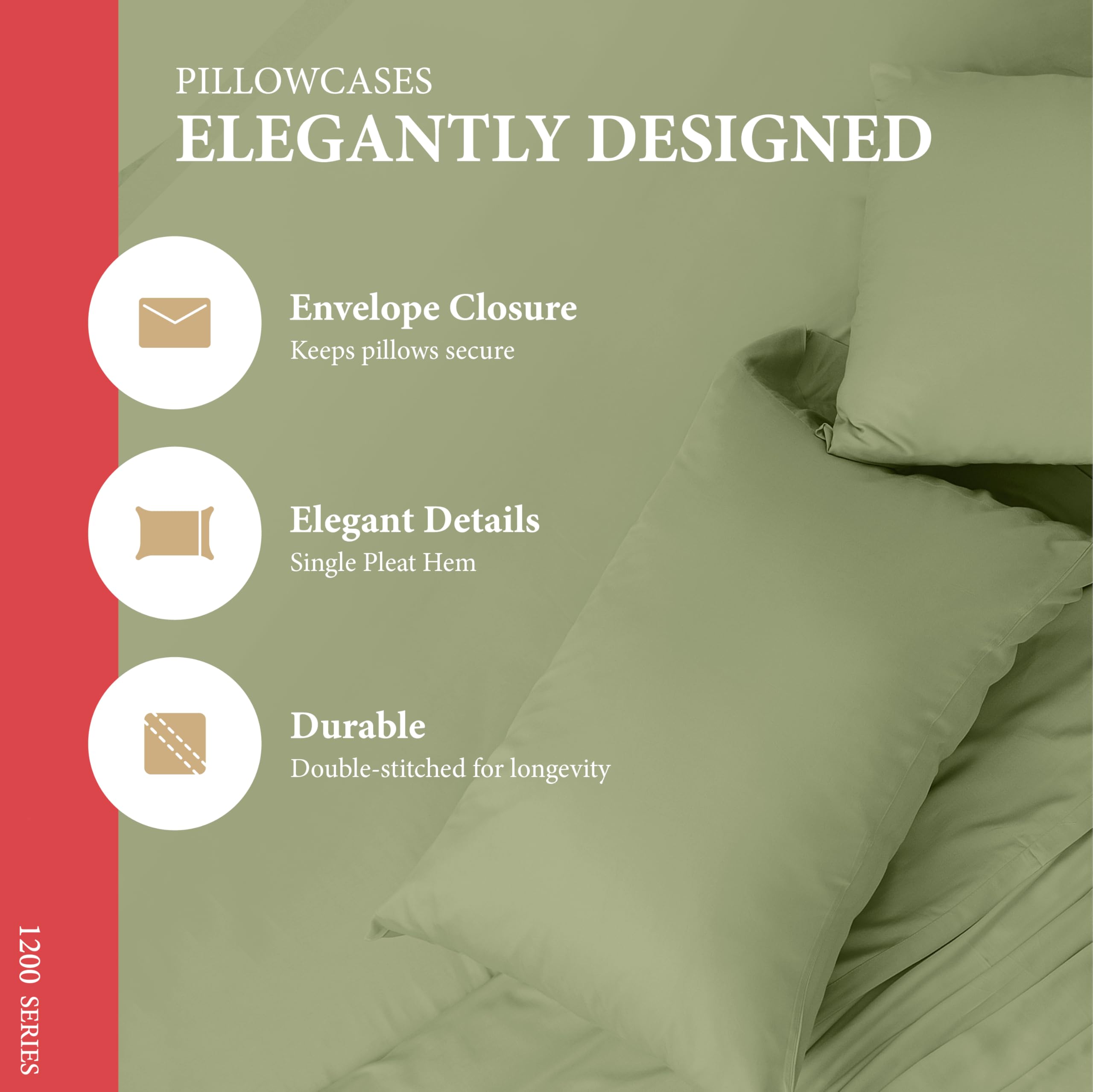 Ashton Sheets Juego de 2 fundas de almohada de algodón egipcio 100 % de tamaño estándar/Queen, fundas de almohada de lujo de la serie 1200 Signature Collection (verde salvia), fundas de almohada de