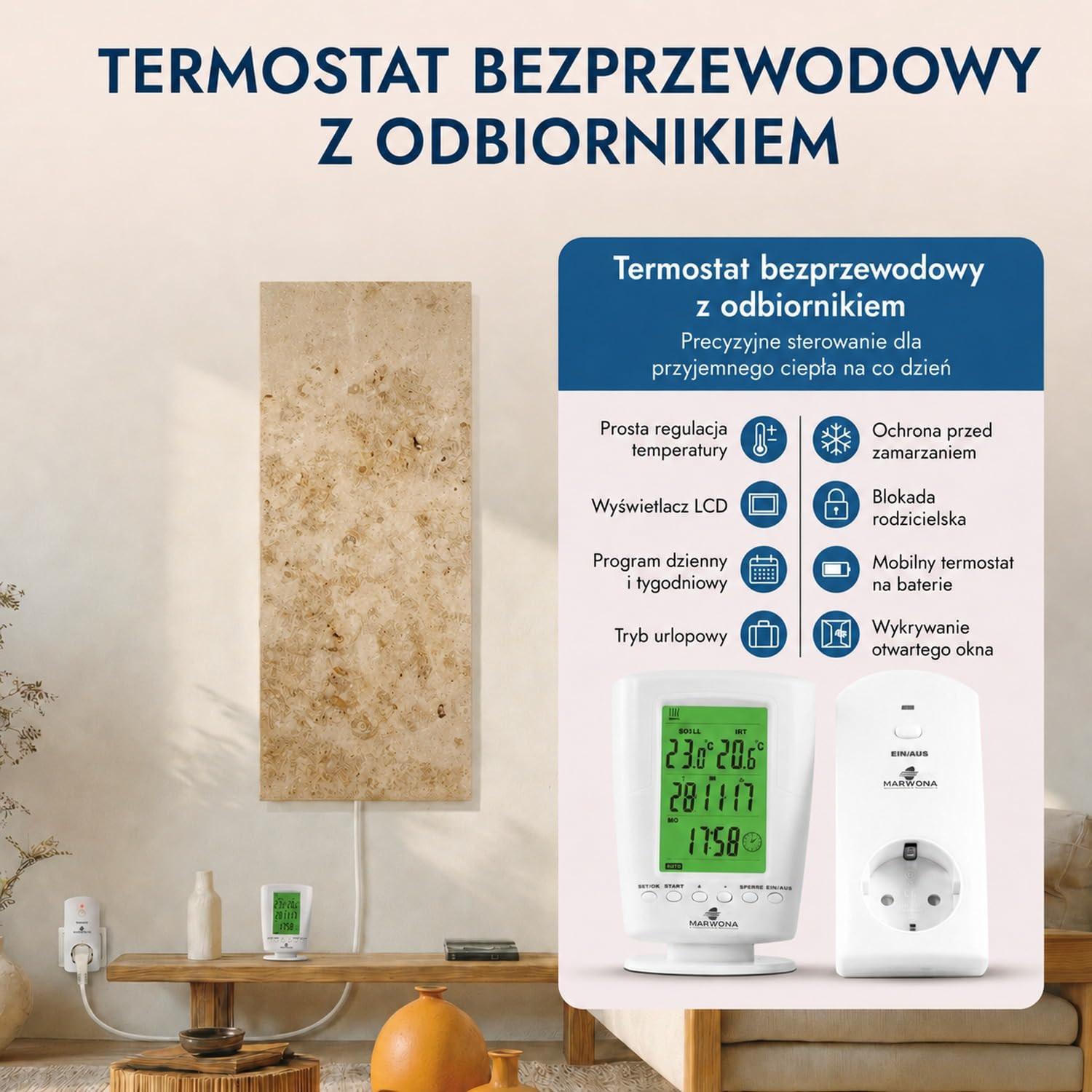 Marwona | Marmurowy promiennik podczerwieni z cyfrowym termostatem | 800 W | Lymonit | energooszczędne ogrzewanie ścienne na podczerwień | 5 lat | niemiecka jakość