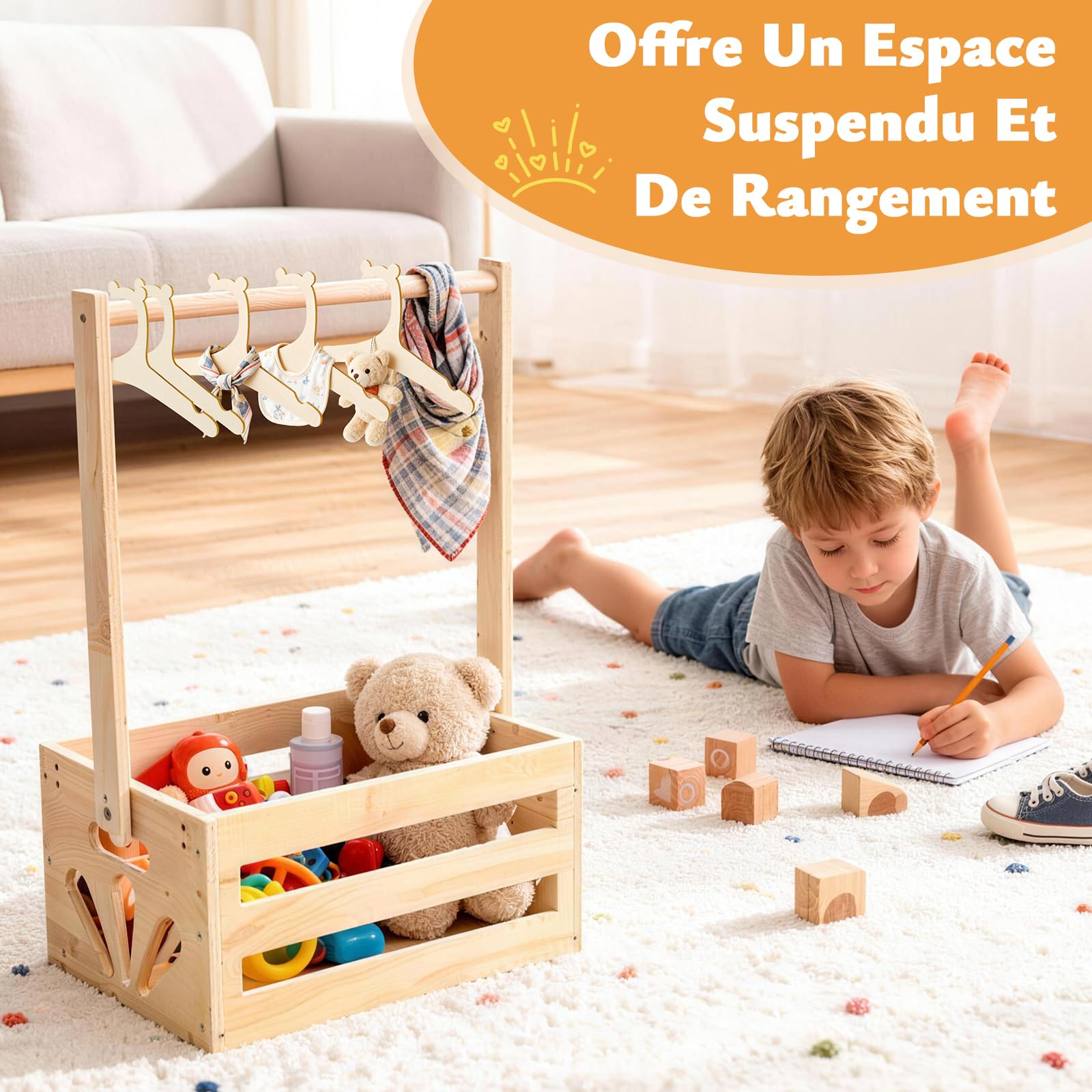 Cadeau Baby Shower avec Panier en Bois | Panier de Rangement Pratique pour Bébé avec 6 Cintres en Bois et Guirlande Florale Artificielle | Ensemble Cadeau pour Baby Shower et Fête de Naissance