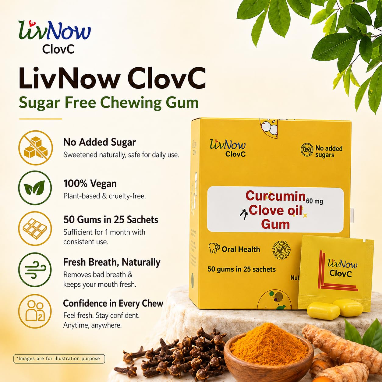 LivNow ClovC | Sugar Free Oral Care Gum | With Curcumin and Clove for Natural Oral Hygiene and to provide Long Lasting Fresh Breath | Box with 50 Gums in an Easy to Carry 25 Sachets — Amazon image 3