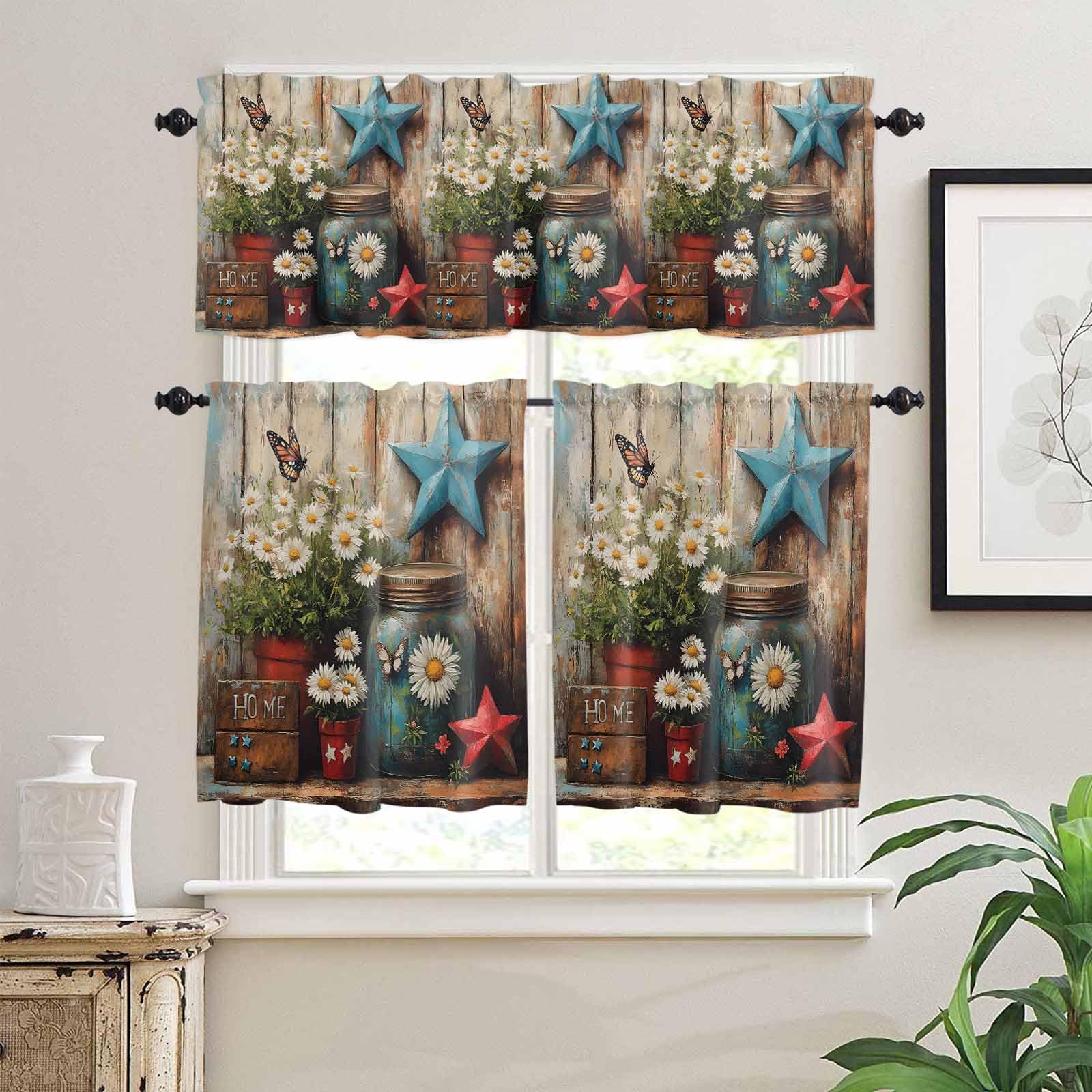Retro Flower Kitchen Curtains 36 Inch Length,3 Piece Rod Pocket Small Half Tiers and Valance Set,Red Blue West Texas Star Rustic Butterfly Small Large Window Treatment Decor for Bedroom/Bathroom Sink