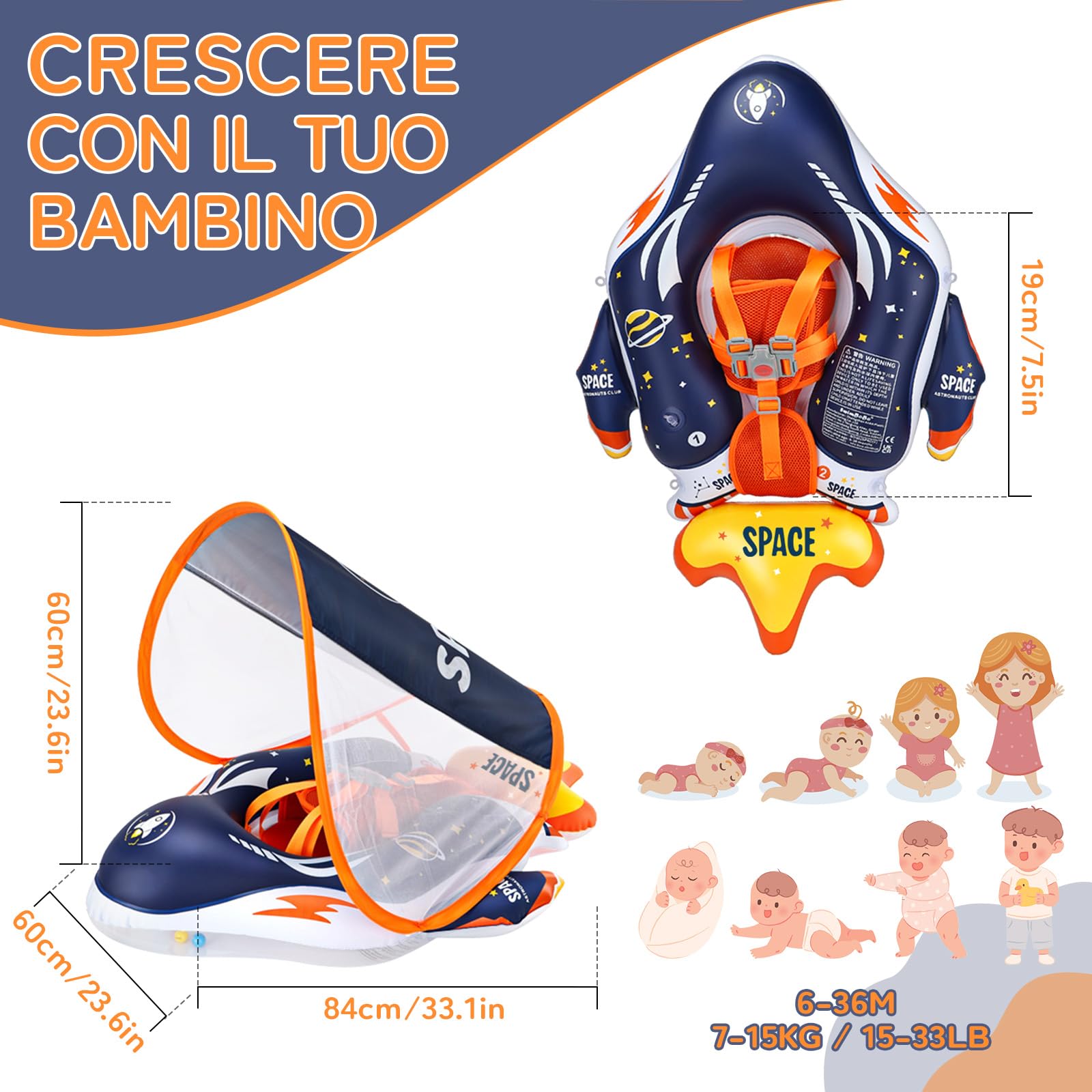 IEEILULU Salvagente Neonato, Salvagente Neonato con Parasole e Seggiolino, Ciambella Mare, Galleggiante per Bambini Ciambella Gonfiabile per Piscina, Spiaggia, Vacanze da 6 a 36 Mesi