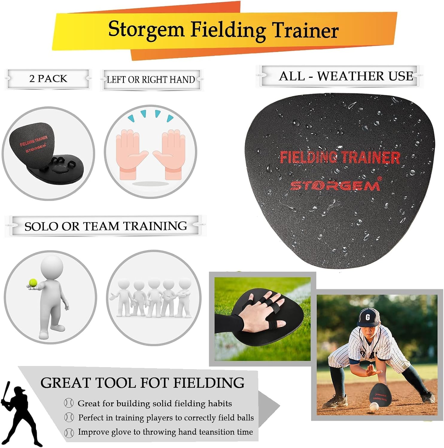 Storgem Softhands Baseball Fielding Trainer,Two-Hands Foam Mitts | Baseball Fielding Trainer with Soft Foam Mitts, Impact Protection for Ground Ball, Two-Hand Design for Left Right Handed
