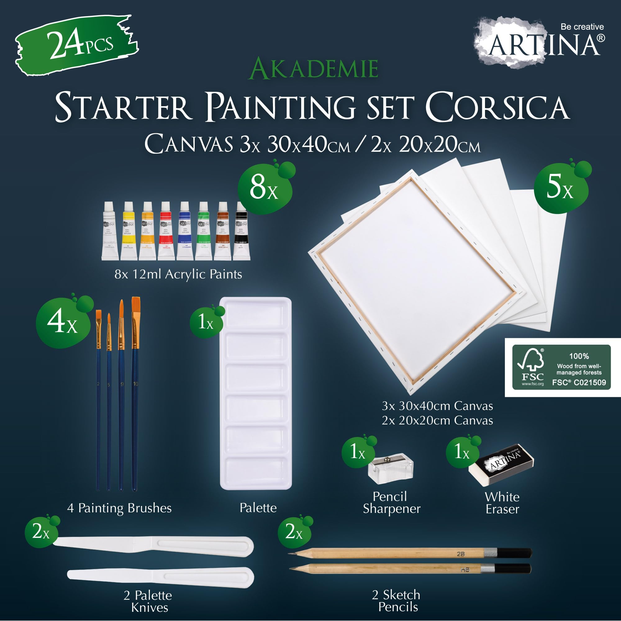 Artina 24 pcs kit peinture acrylique avec chevalet bois pour débutants | 150cm 5 toiles 8 couleurs 12ml pinceaux spatules palette coffret créatif enfants adultes réglable hauteur FSC set Corsica